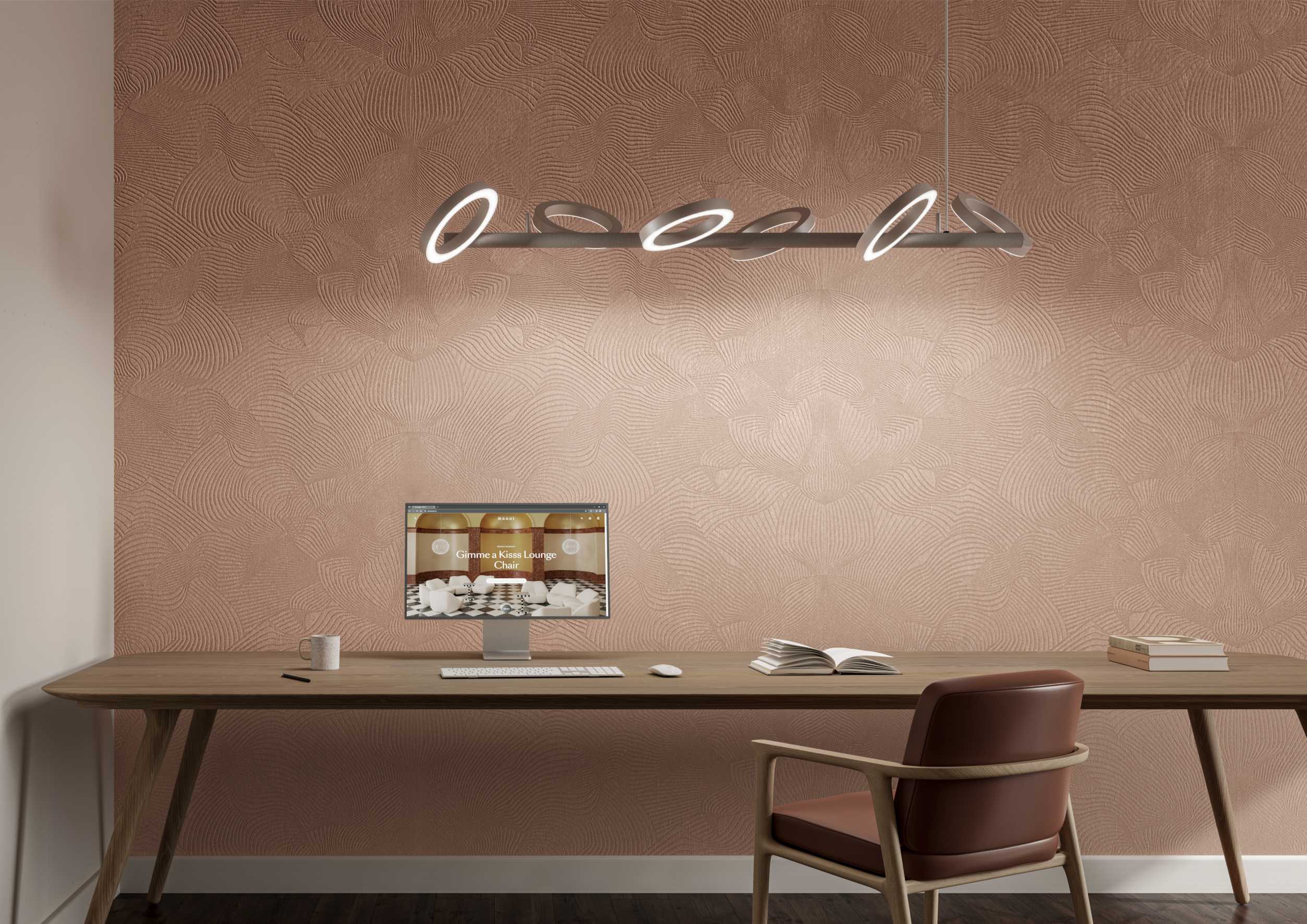 Textile wallpaper with an abstract pattern featuring a moiré effect TECHNO BEE dark sandy