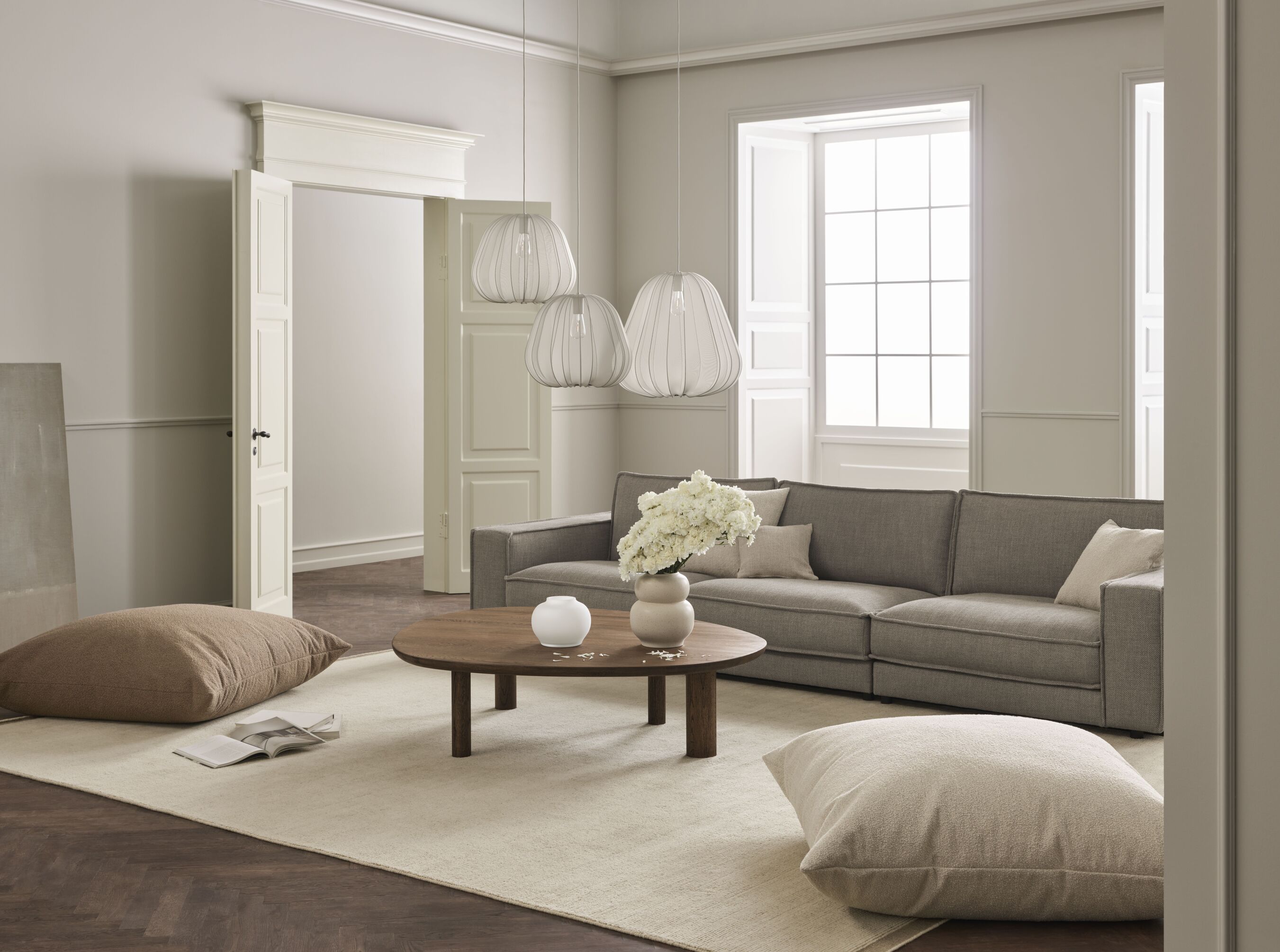 Symetrický 3-modulový čalúnený rohový gauč NOORA s tmavou základňou