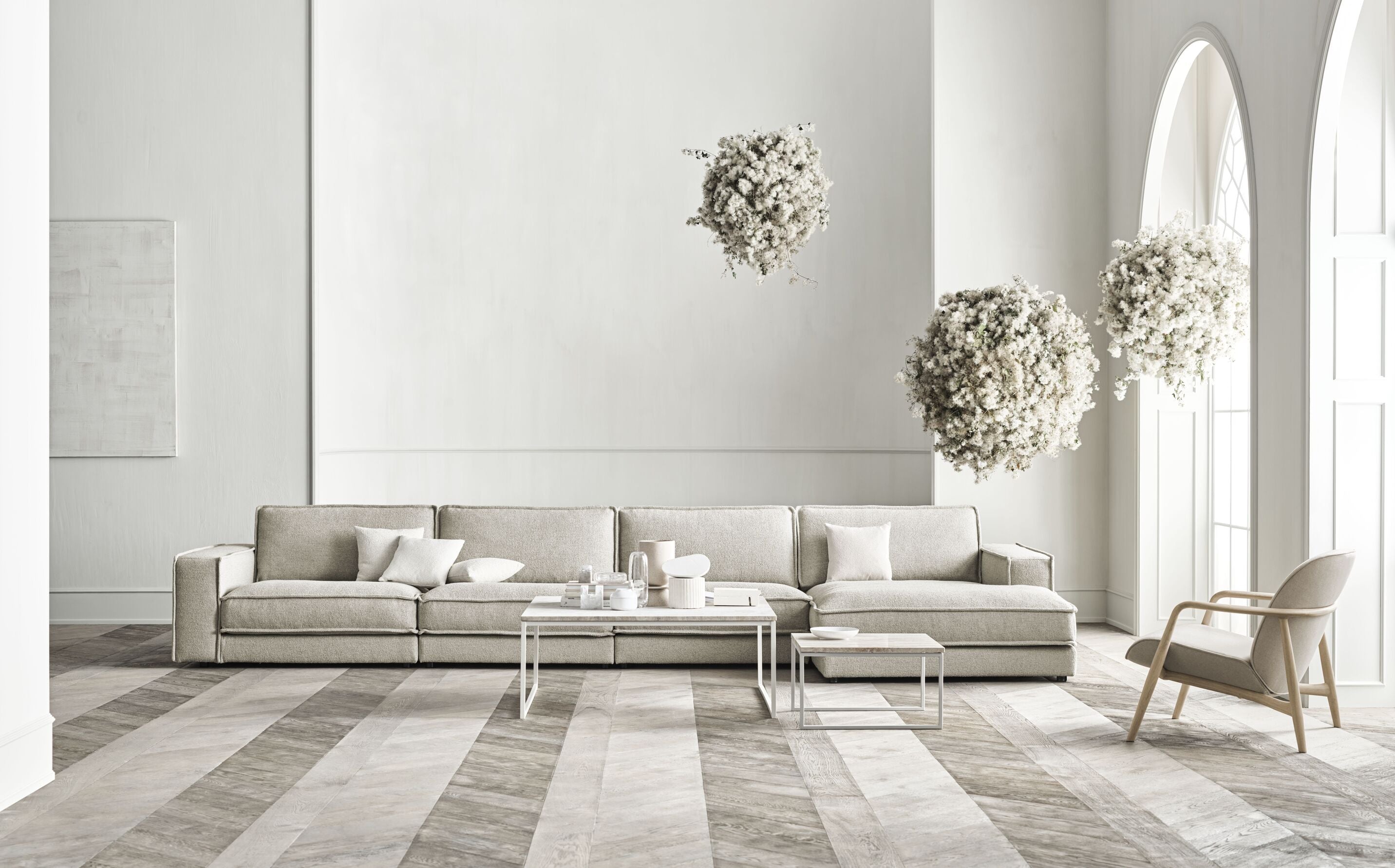 Modulárna pohovka NOORA - pravostranný szezlong s bieleným podstavcom