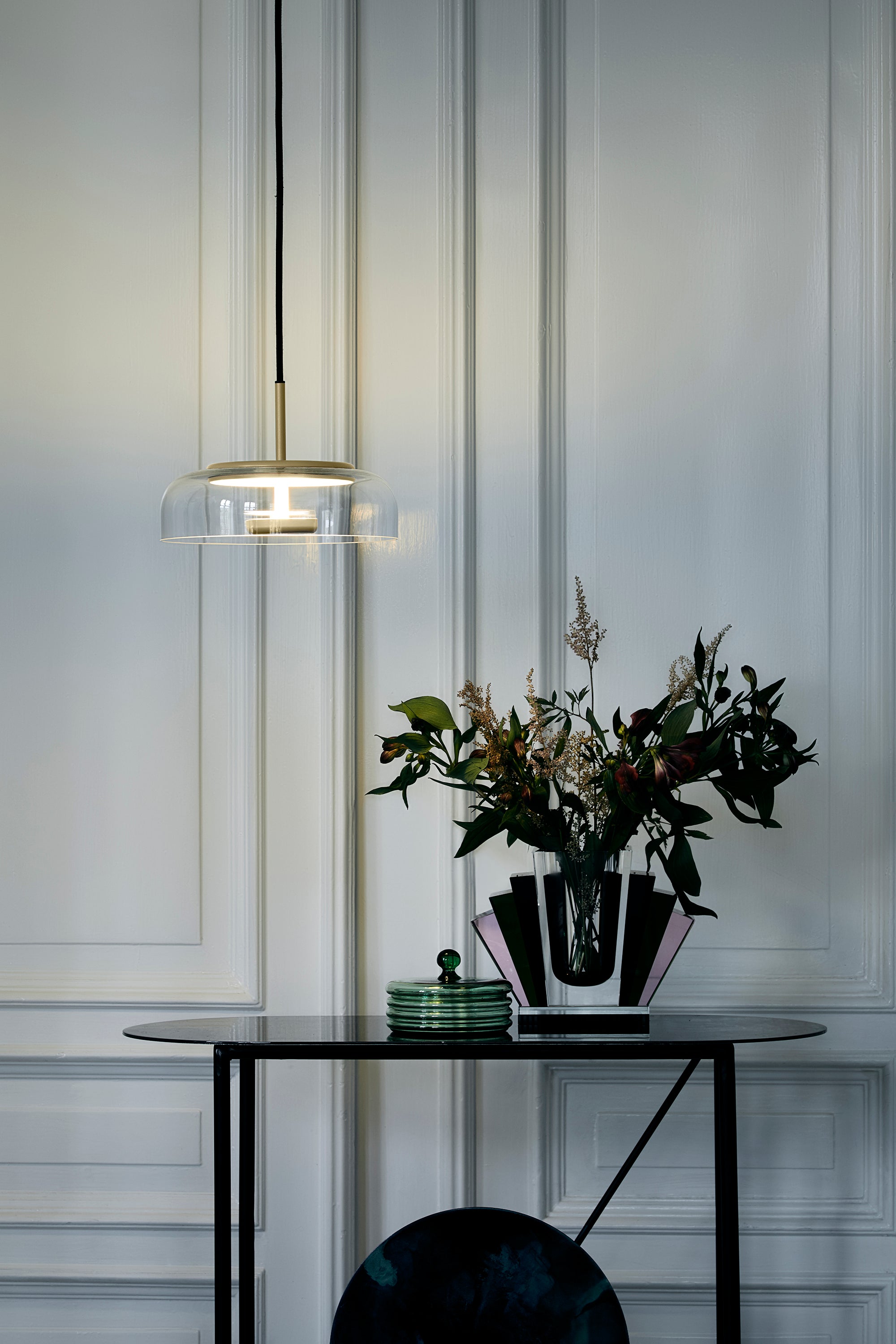 Závesná lampa BLOSSI zlatá s priehľadným sklom