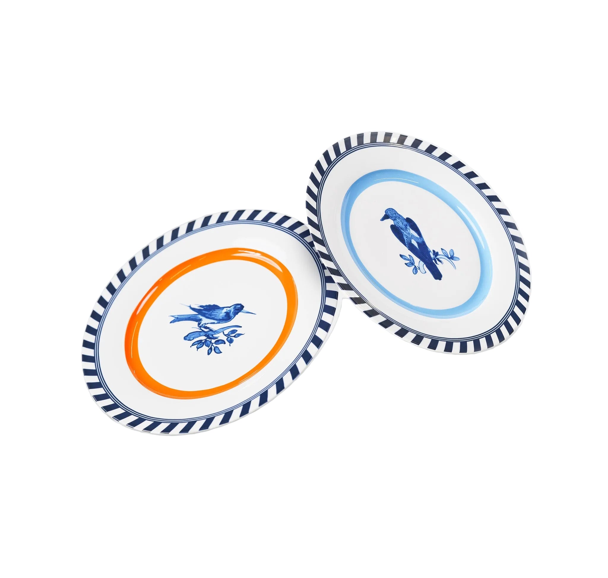Súprava tanierov S VTÁČÍM MOTÍVOM biela s oranžovou a modrou