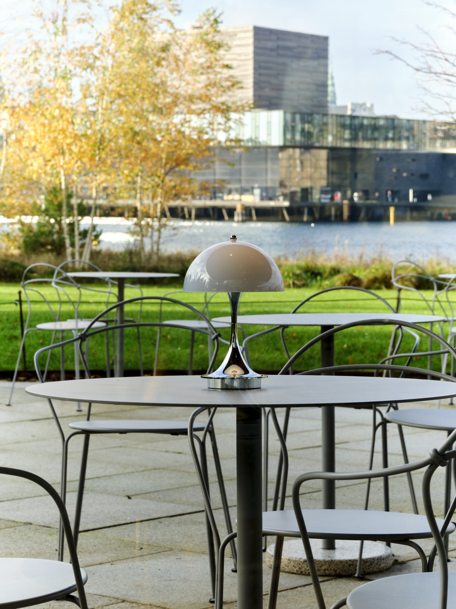 Portable Lamp PANTHELLA 250 Beige Opal with Chrome Base