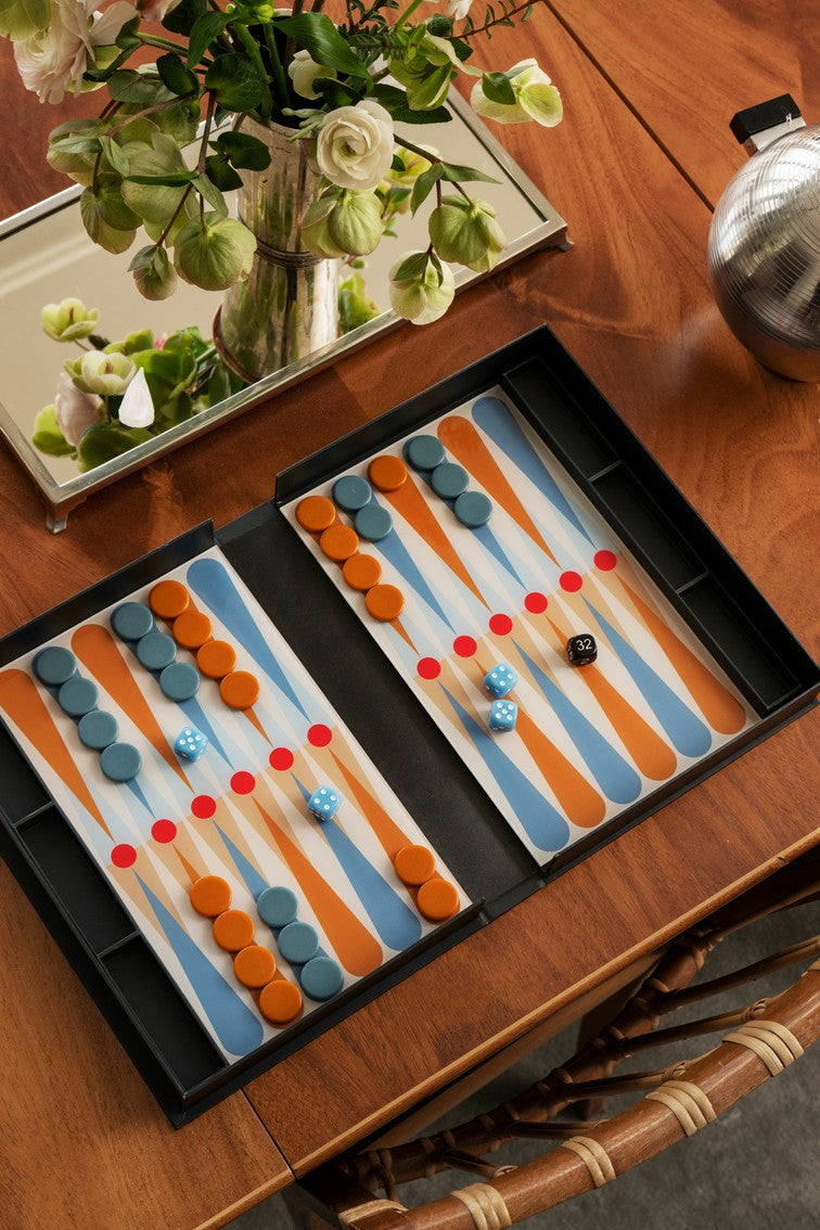 Súprava na hru v backgammon ART OF BACKGAMMON šedá s modrou a oranžovou