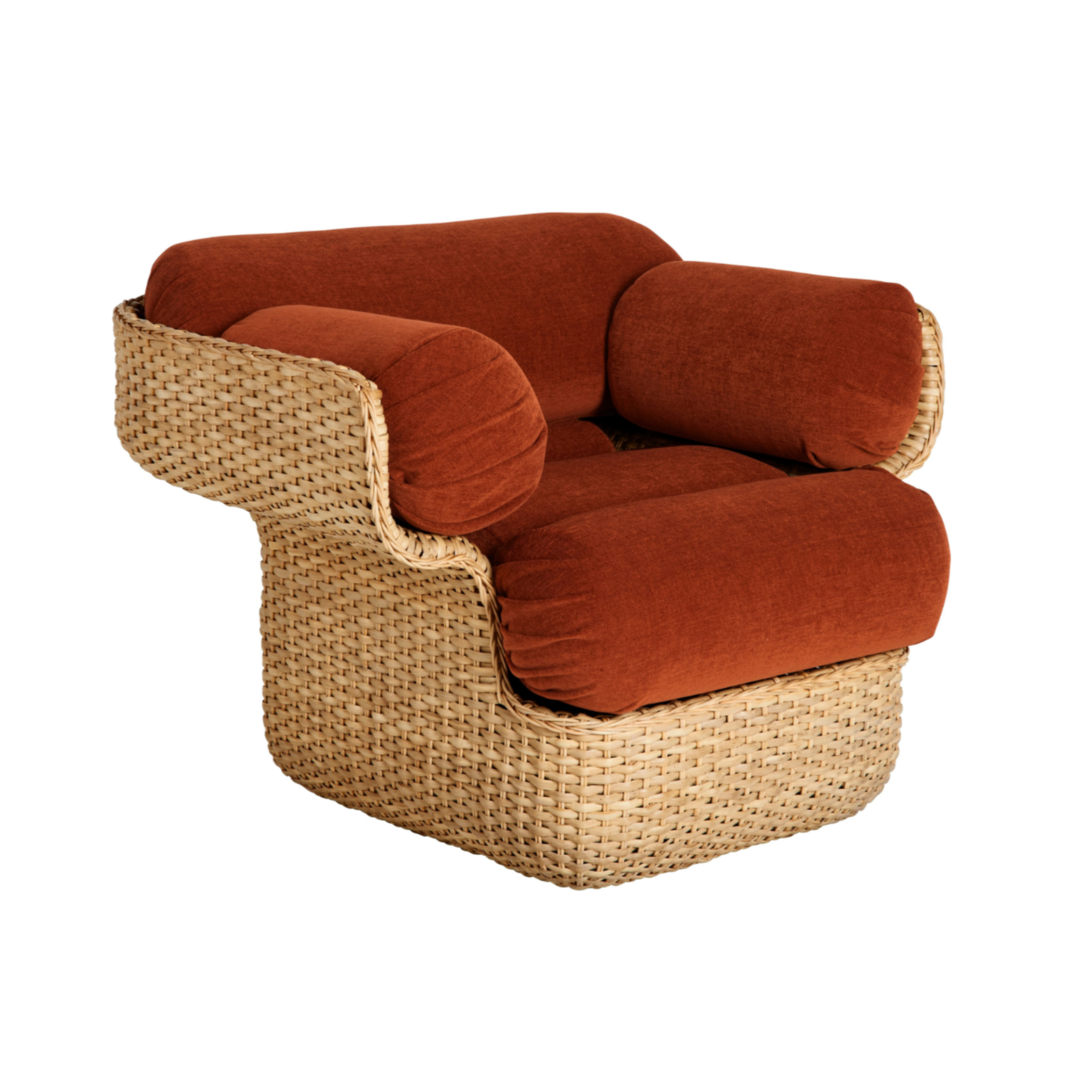 BASKET armchair in burgundy with rattan