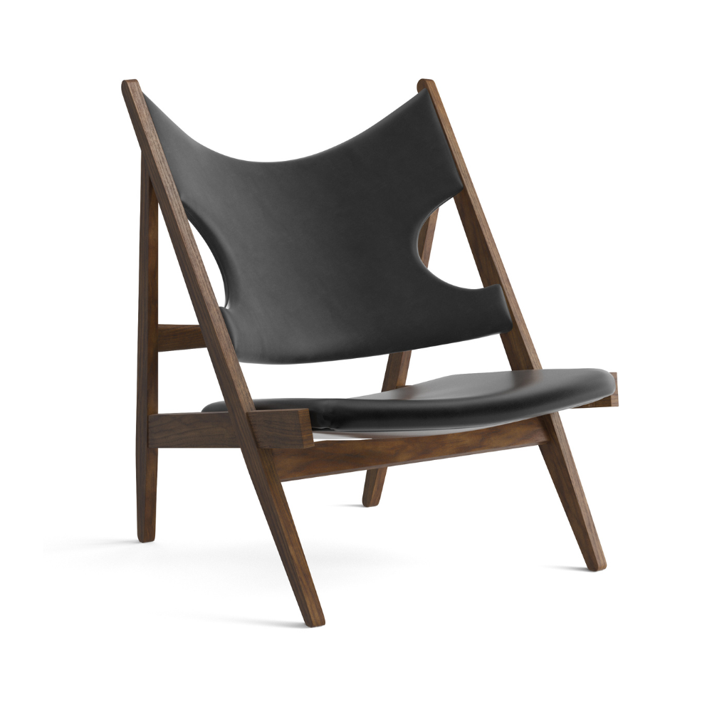 Kreslo KNITTING čierna koža s orechovým podstavcom