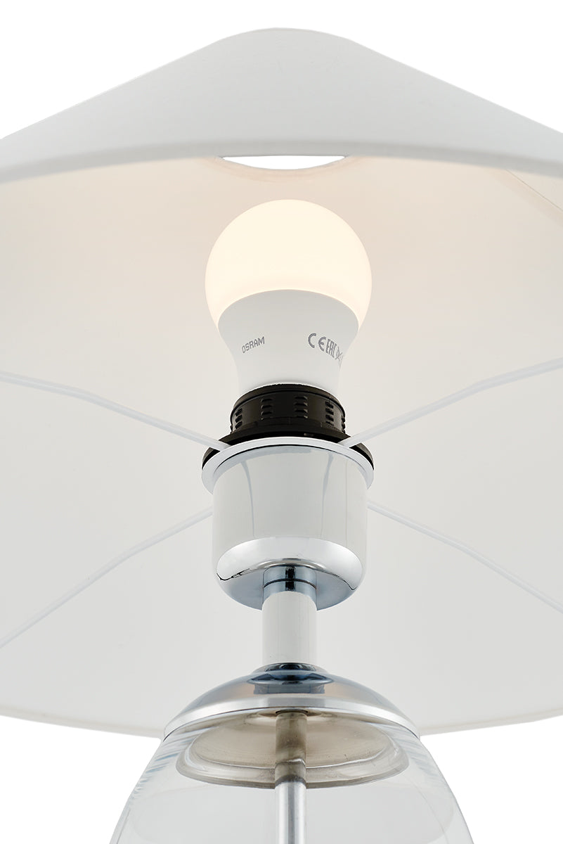 Stolná lampa REA biela s priehľadným podstavcom a strieborným povrchom