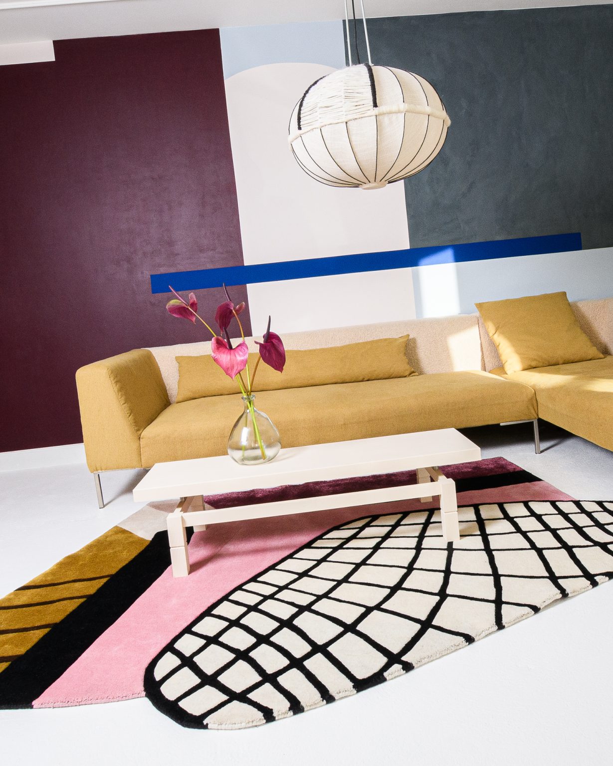 Asymmetrical decorative rug STARLINE pink with mustard