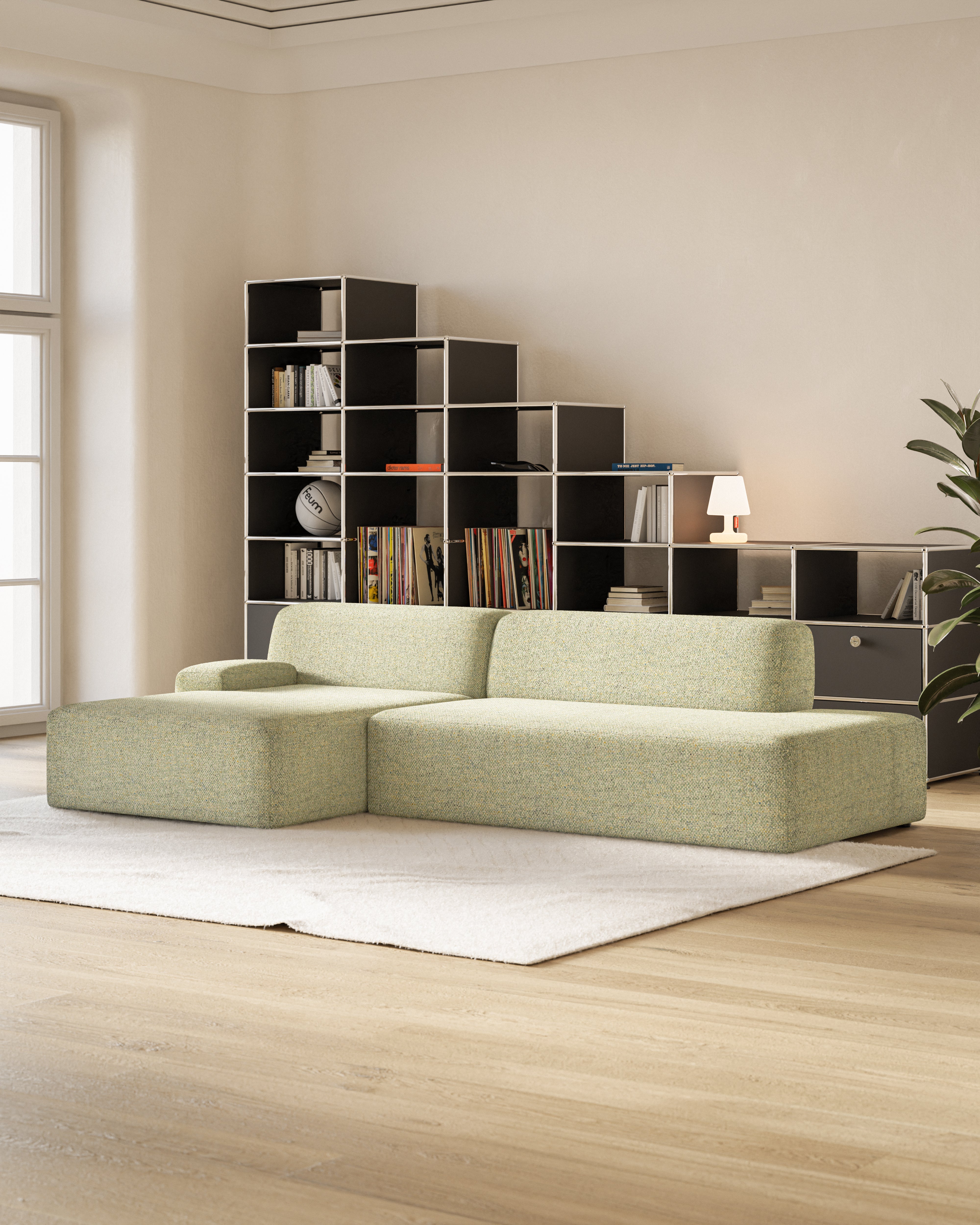 Open left-sided modular corner sofa UMI light green