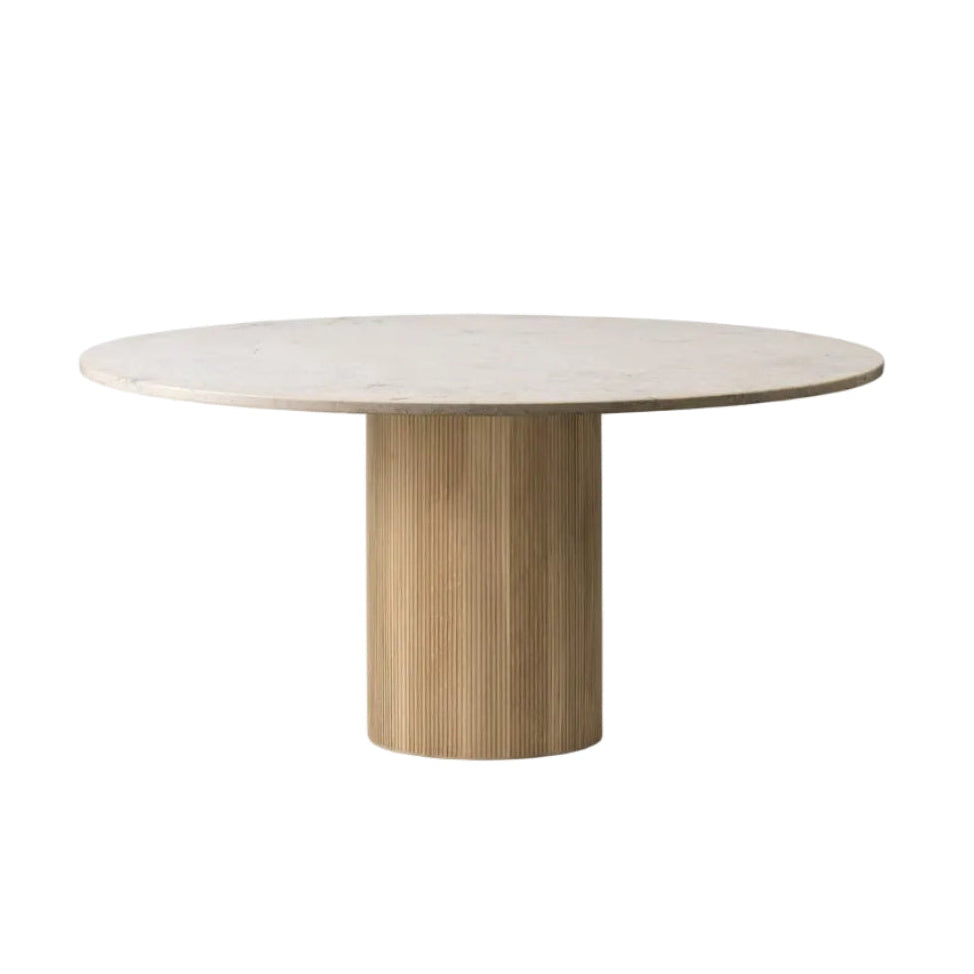 Round Table CABIN with a light oak base and a gray limestone top