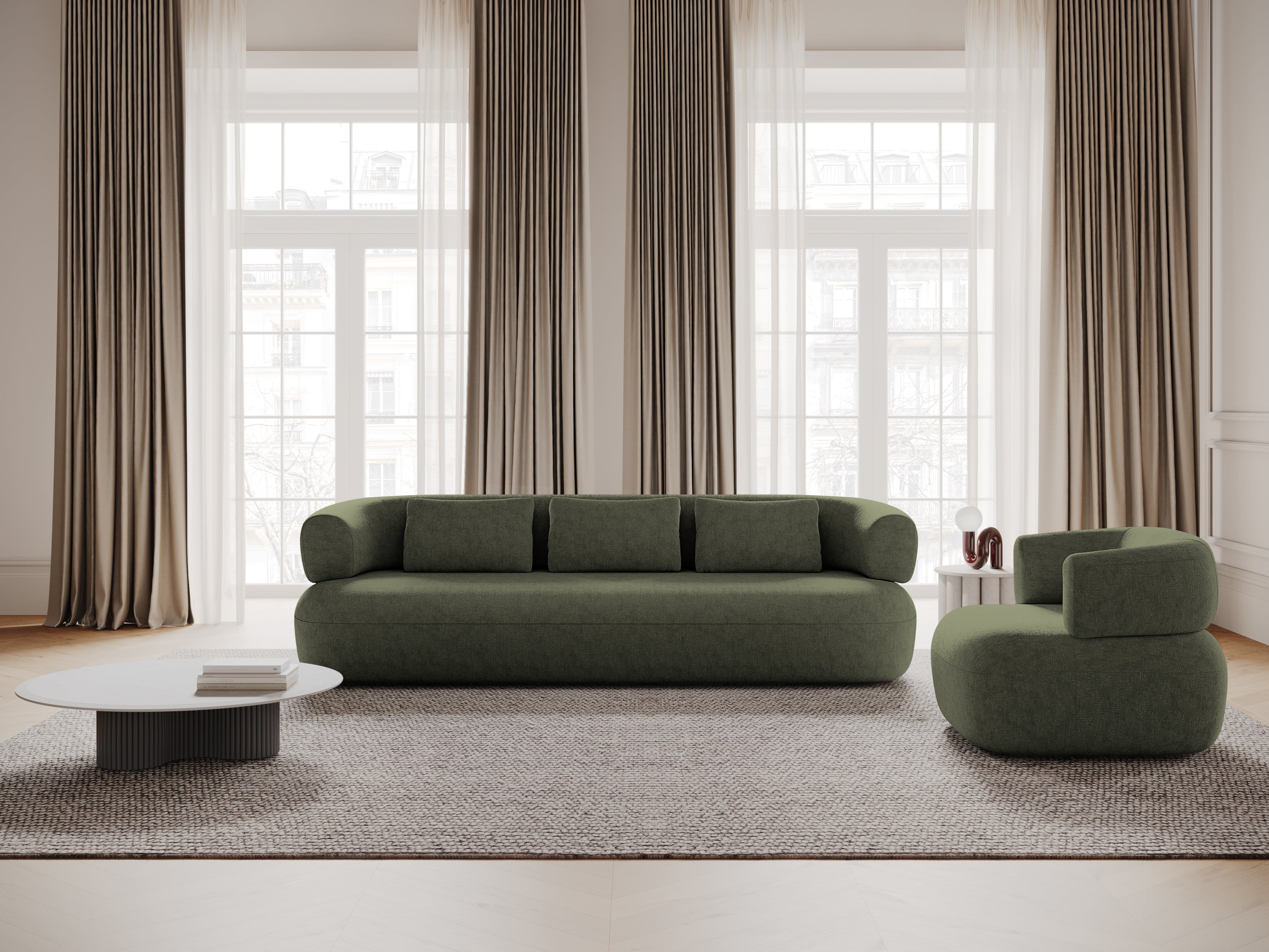 Sofa pre 3,5 osoby ALDRIN v zelenej farbe z šenilového materiálu