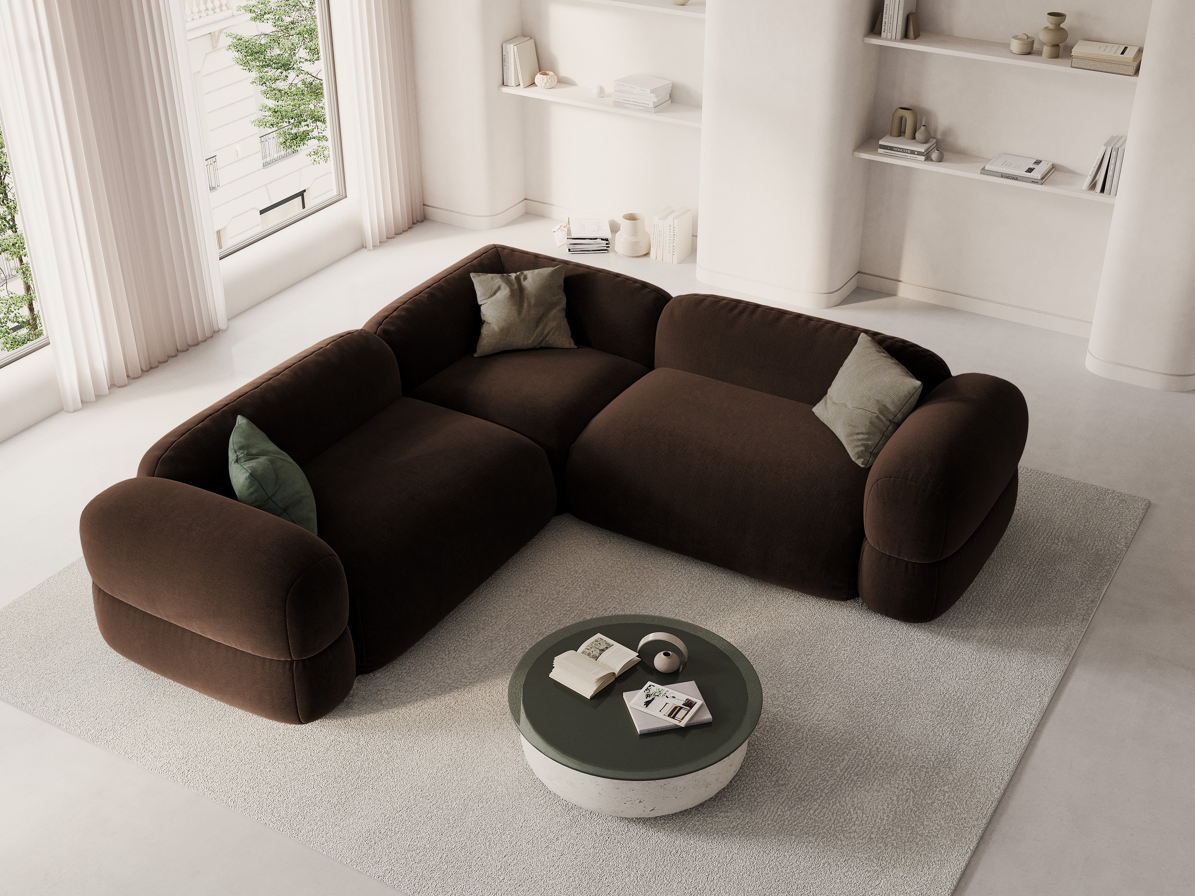 Symetrický rohový gauč ROGER čokoládový z aksamitného materiálu