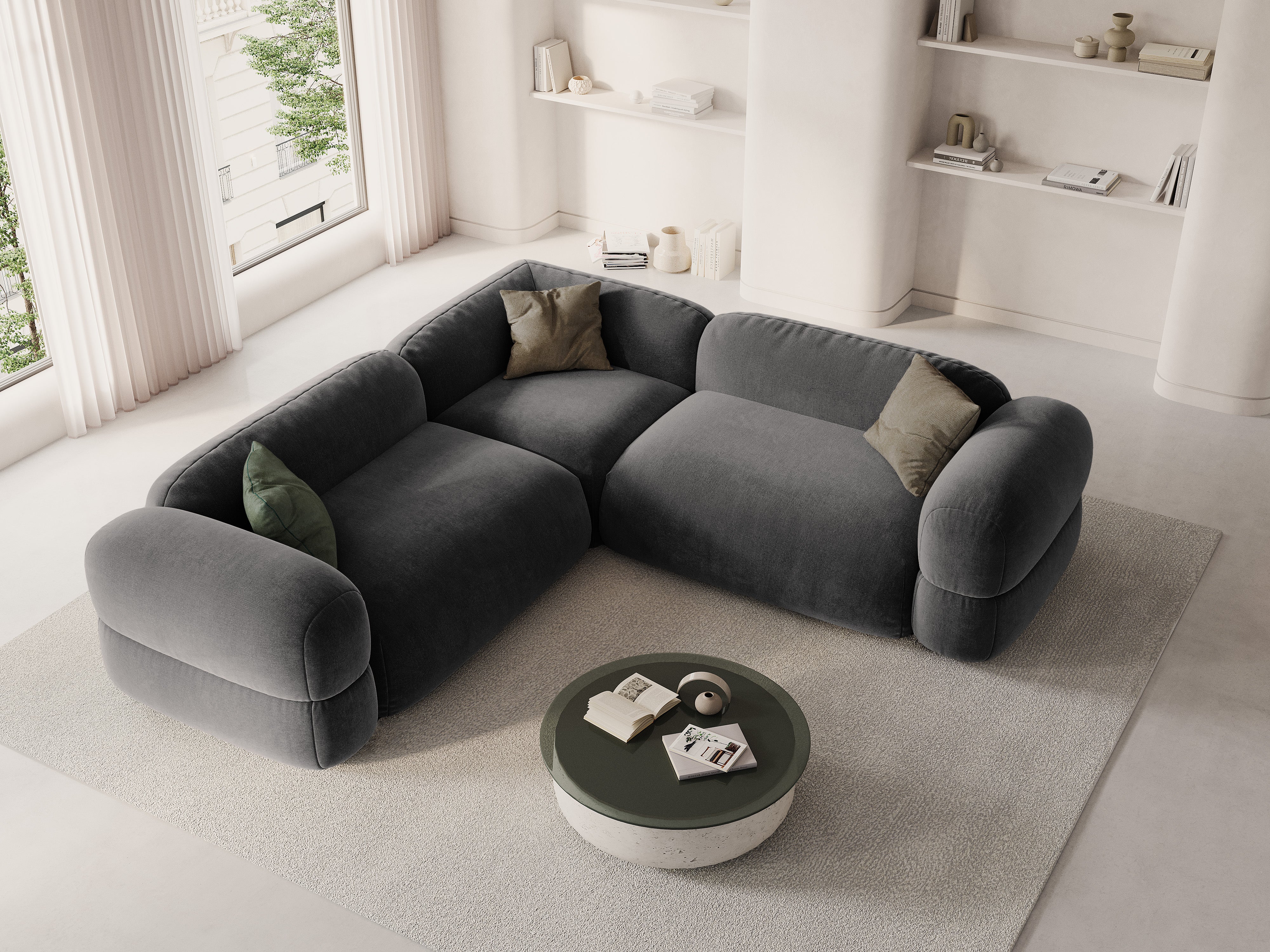 Symetrický rohový gauč z aksamitného materiálu ROGER šedý