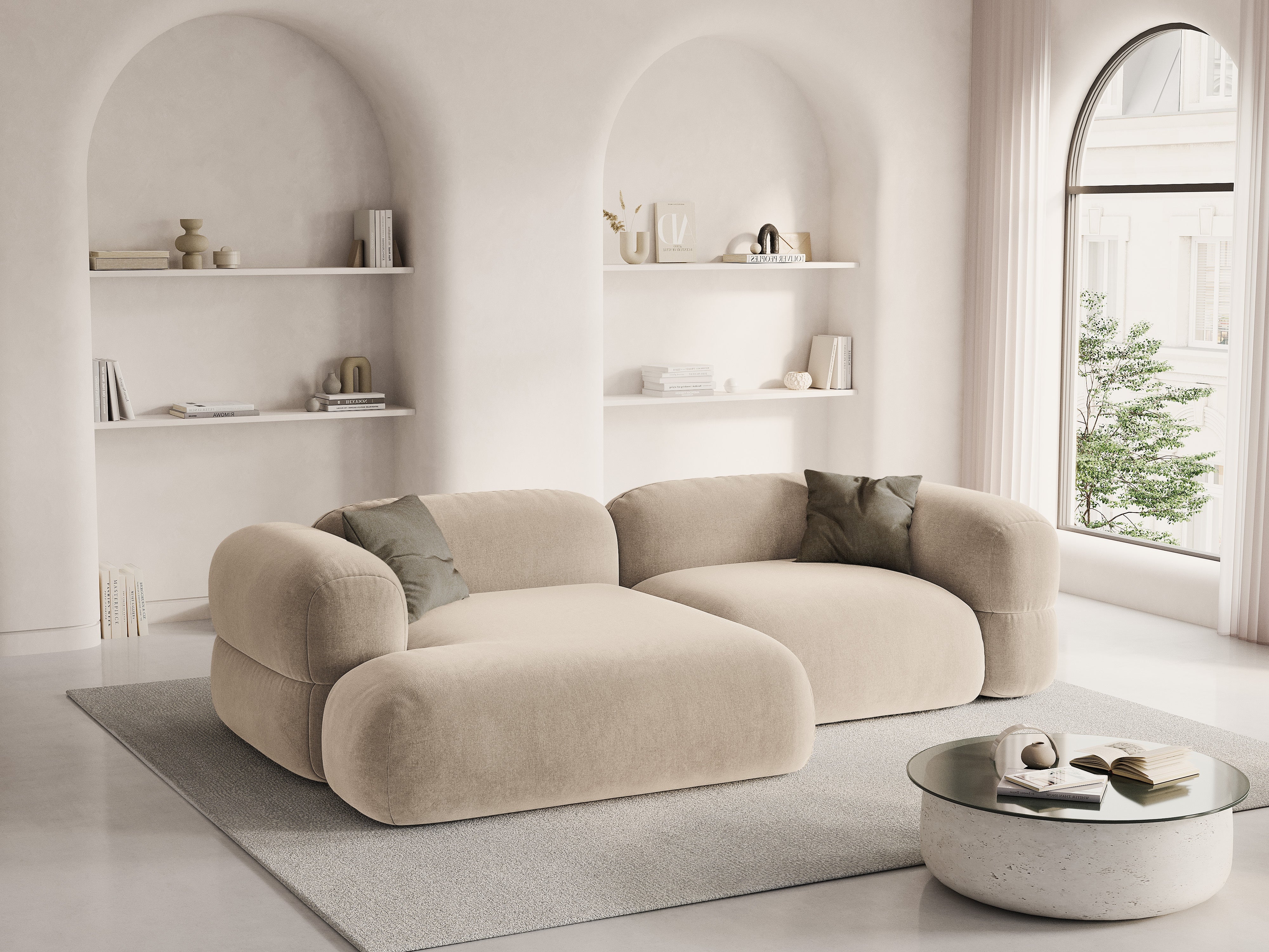 Sofový roh z jemného sametu ROGER svetlo béžový