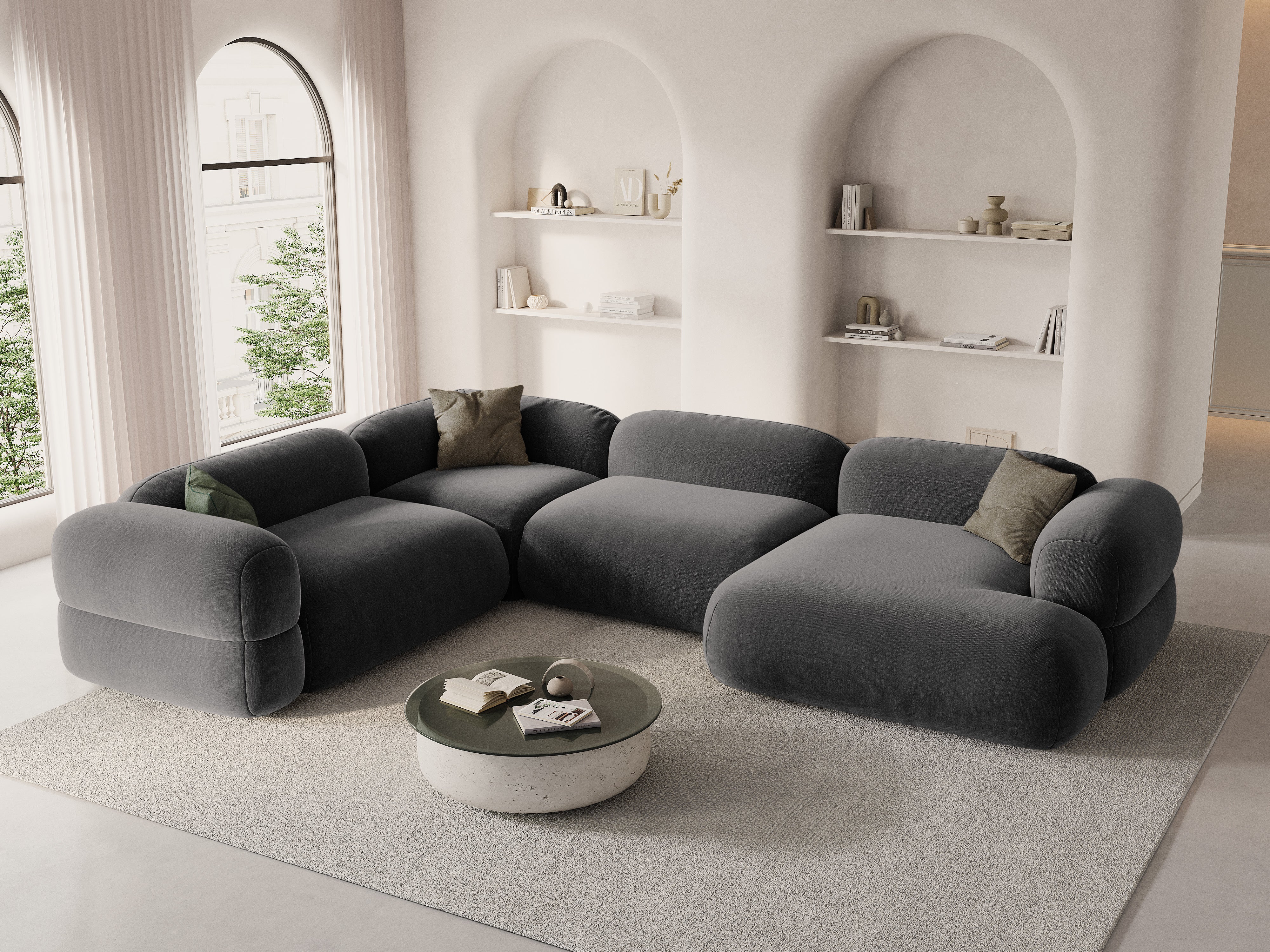 Sivý sametový rohový gauč v tvare U ľavý ROGER