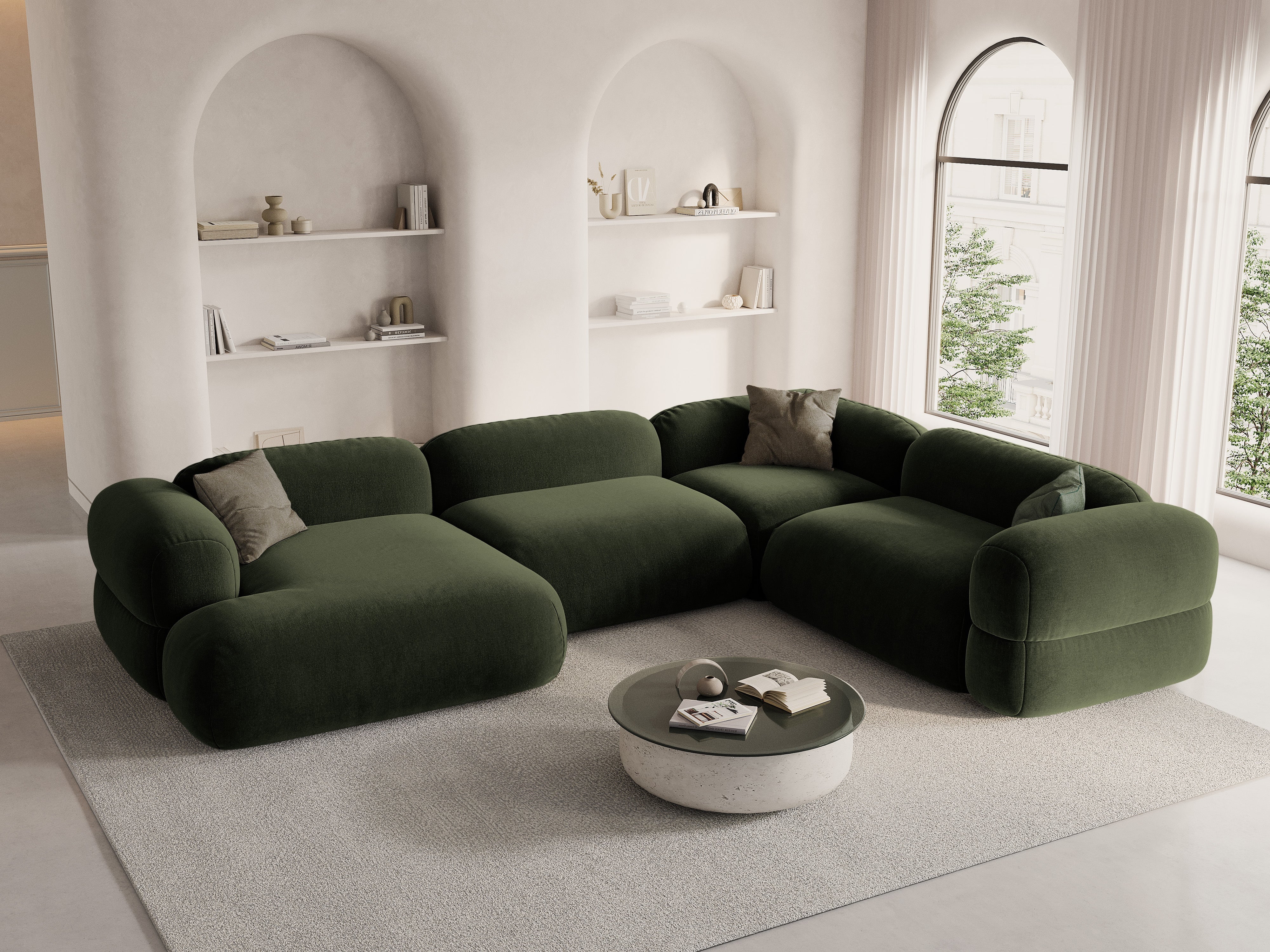 Right-facing U-shaped velvet corner sofa ROGER in olive green