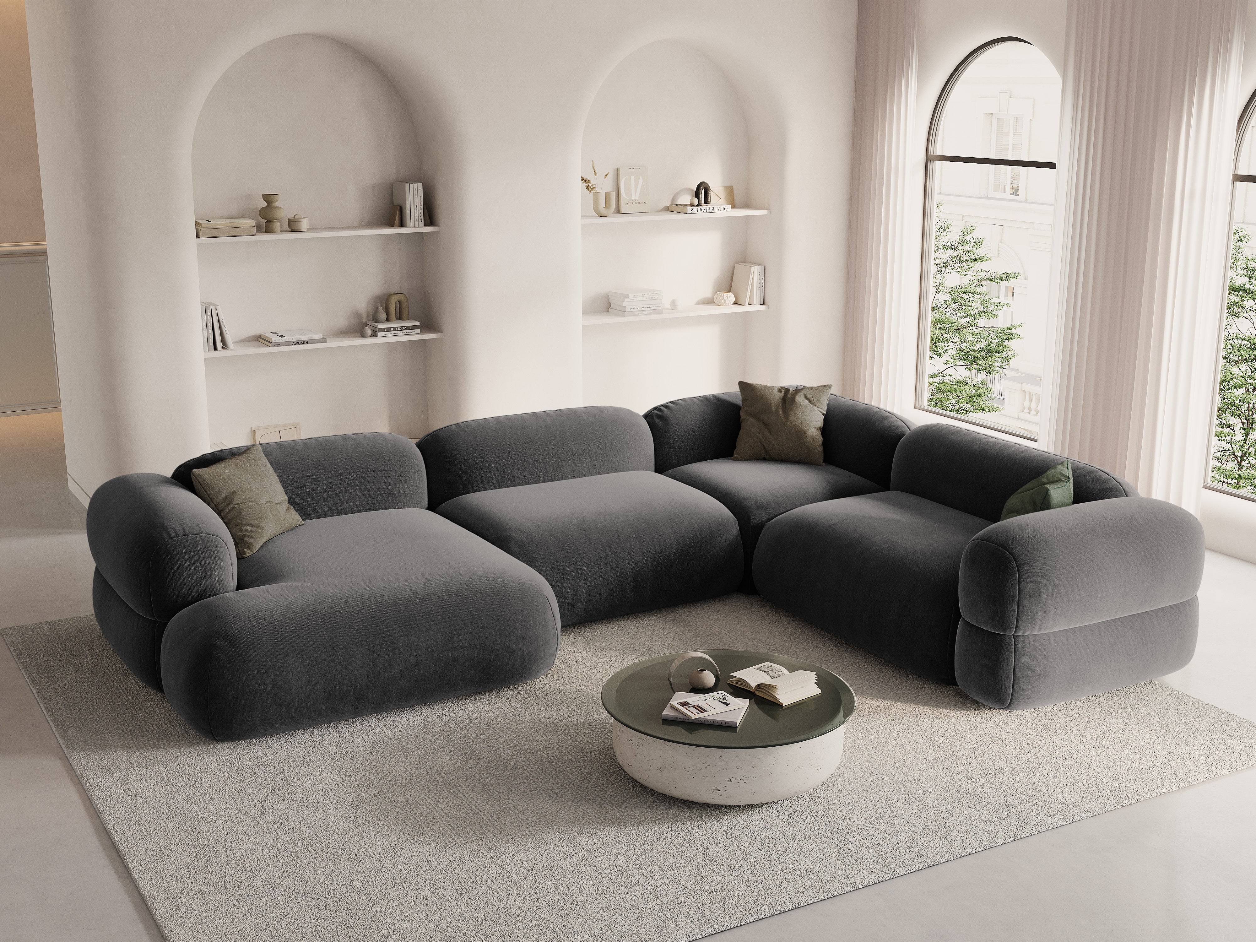 Sivý sametový rohový gauč v tvare U pravý ROGER