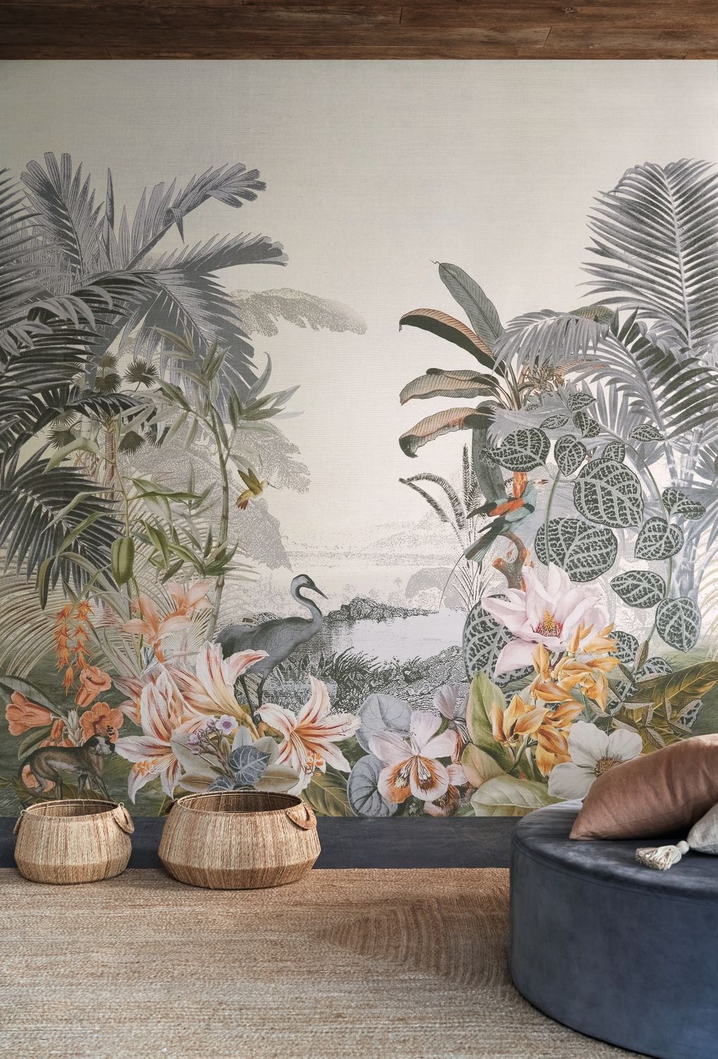 Textile mural with an exotic landscape PARAIBA green-blue with beige