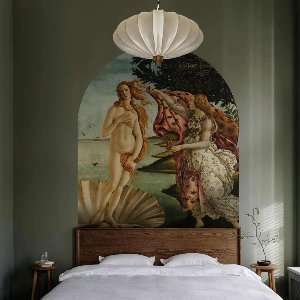 Non-woven mural in the shape of an arch BIRTH OF VENUS green with blue