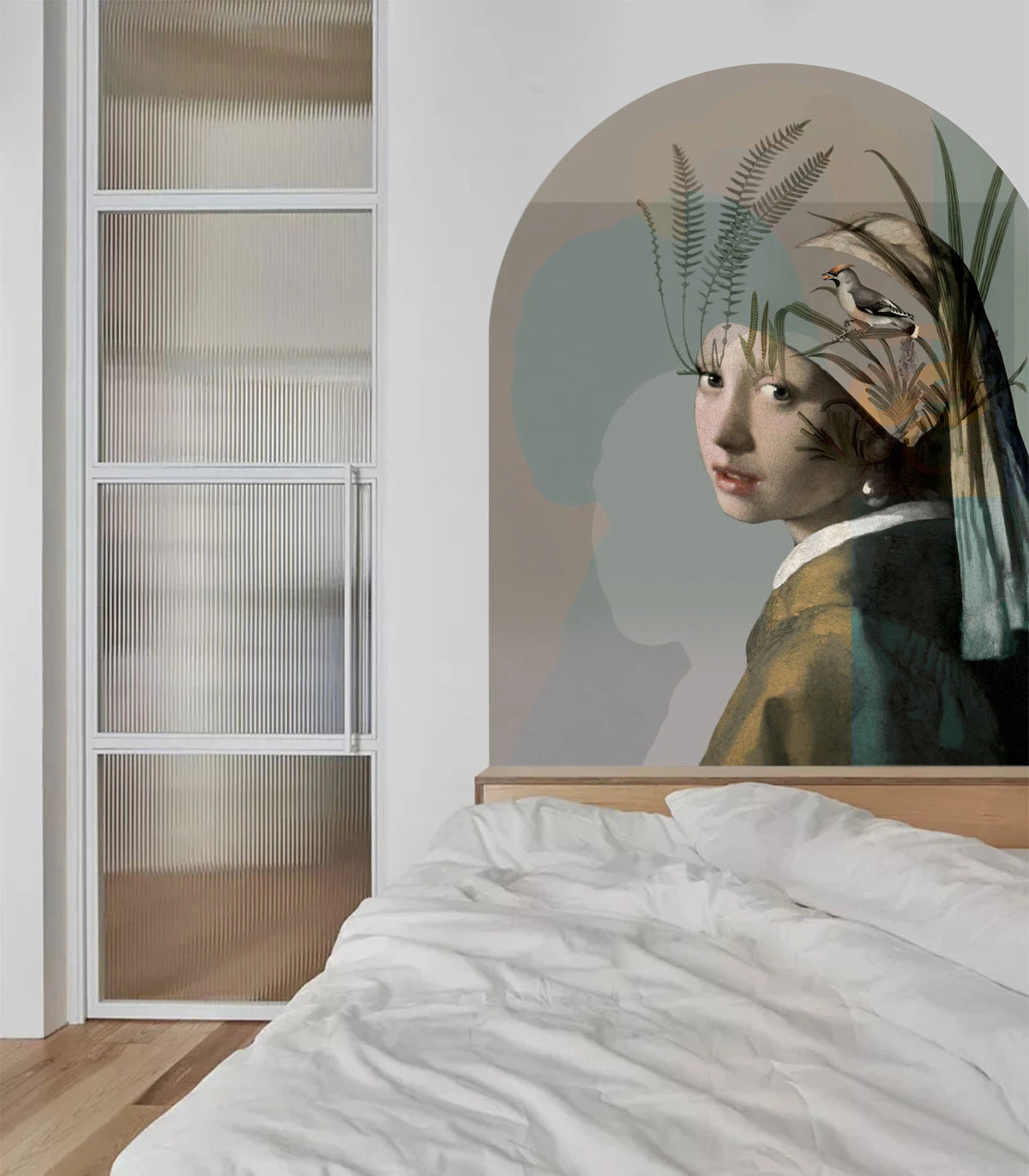 Non-woven mural in the shape of an arch NATURE GIRL WITH THE PEARL beige with green