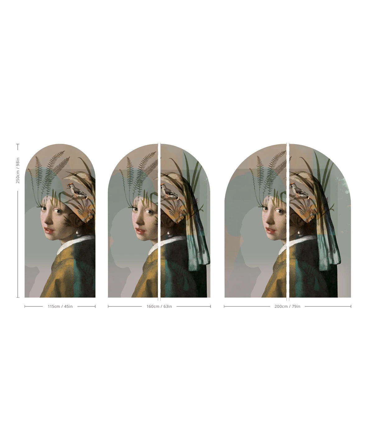 Non-woven mural in the shape of an arch NATURE GIRL WITH THE PEARL beige with green