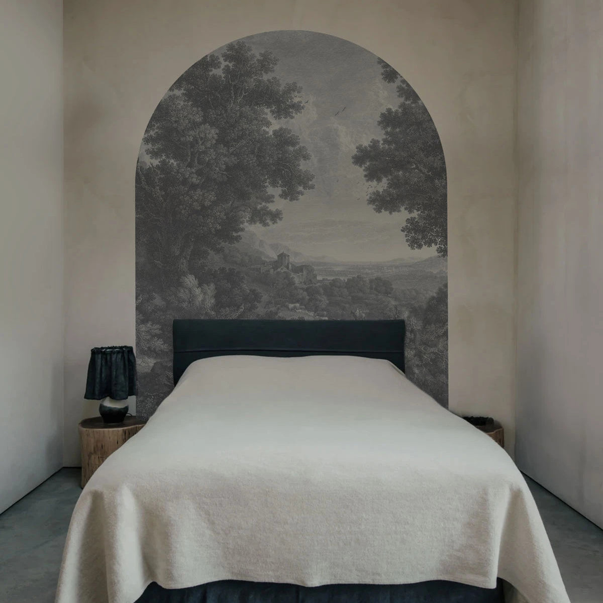 Non-woven mural in the shape of an arch PICTURESQUE VALLEY OF SERENITY gray with blue