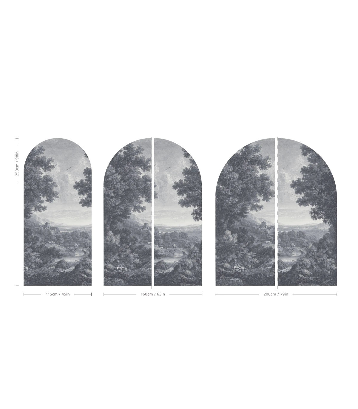 Non-woven mural in the shape of an arch PICTURESQUE VALLEY OF SERENITY gray with blue