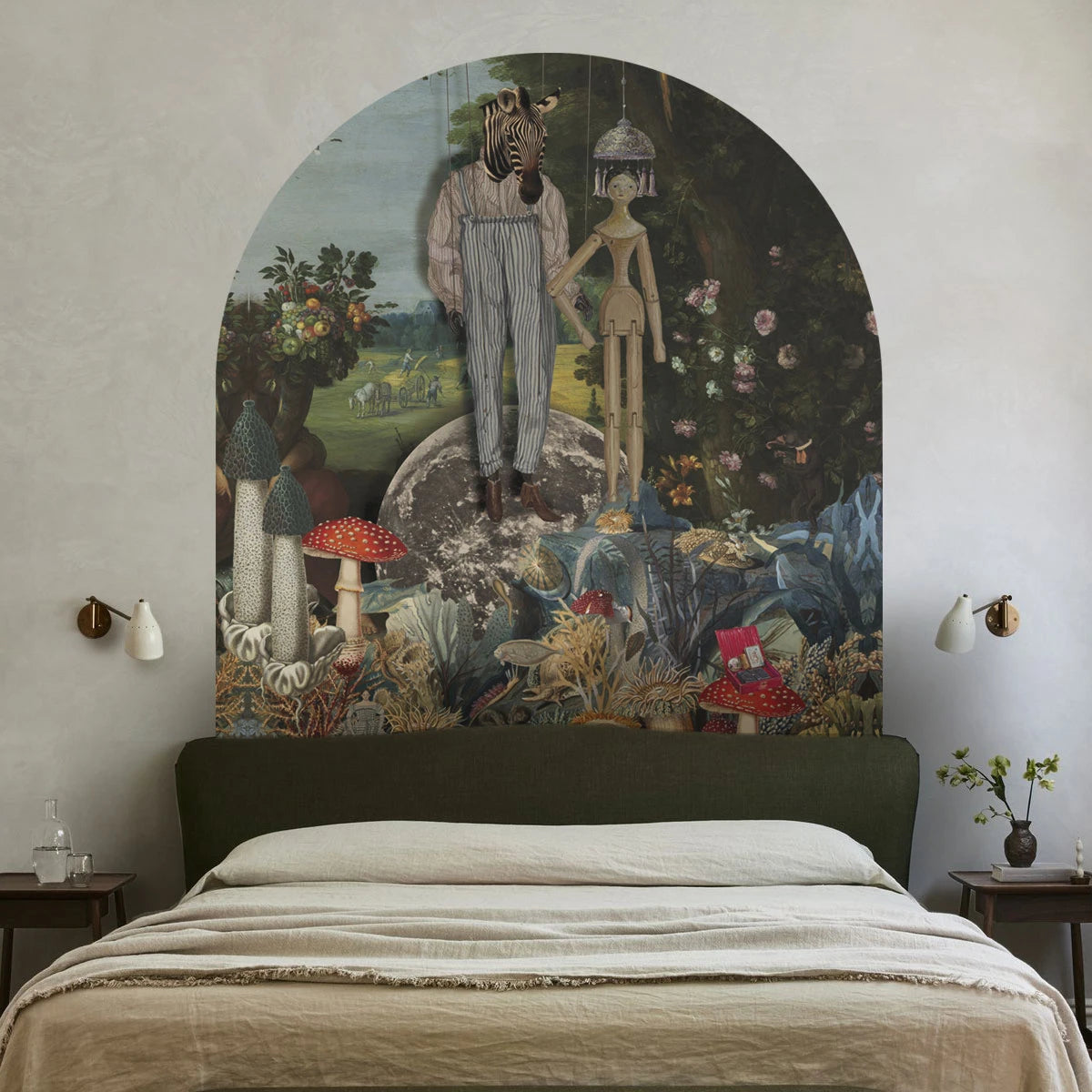 Múrová flizelínová tapeta v tvare oblúka PUPPETS tmavozelená s modrou