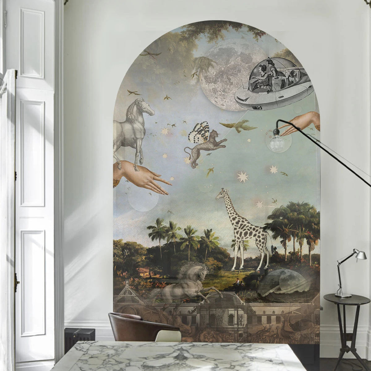 Múrová flizelínová tapeta v tvare oblúka STARDUST SAFARI tmavozelená s modrou