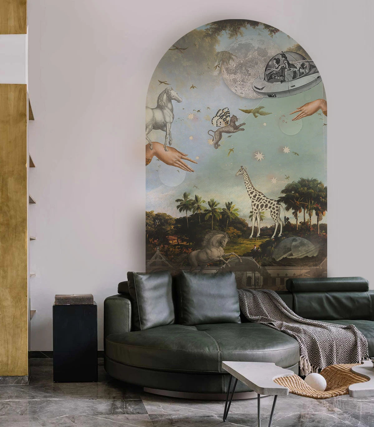 Múrová flizelínová tapeta v tvare oblúka STARDUST SAFARI tmavozelená s modrou