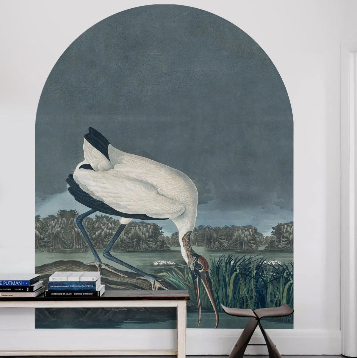 Arch-shaped mural with animal motif STORK dark blue