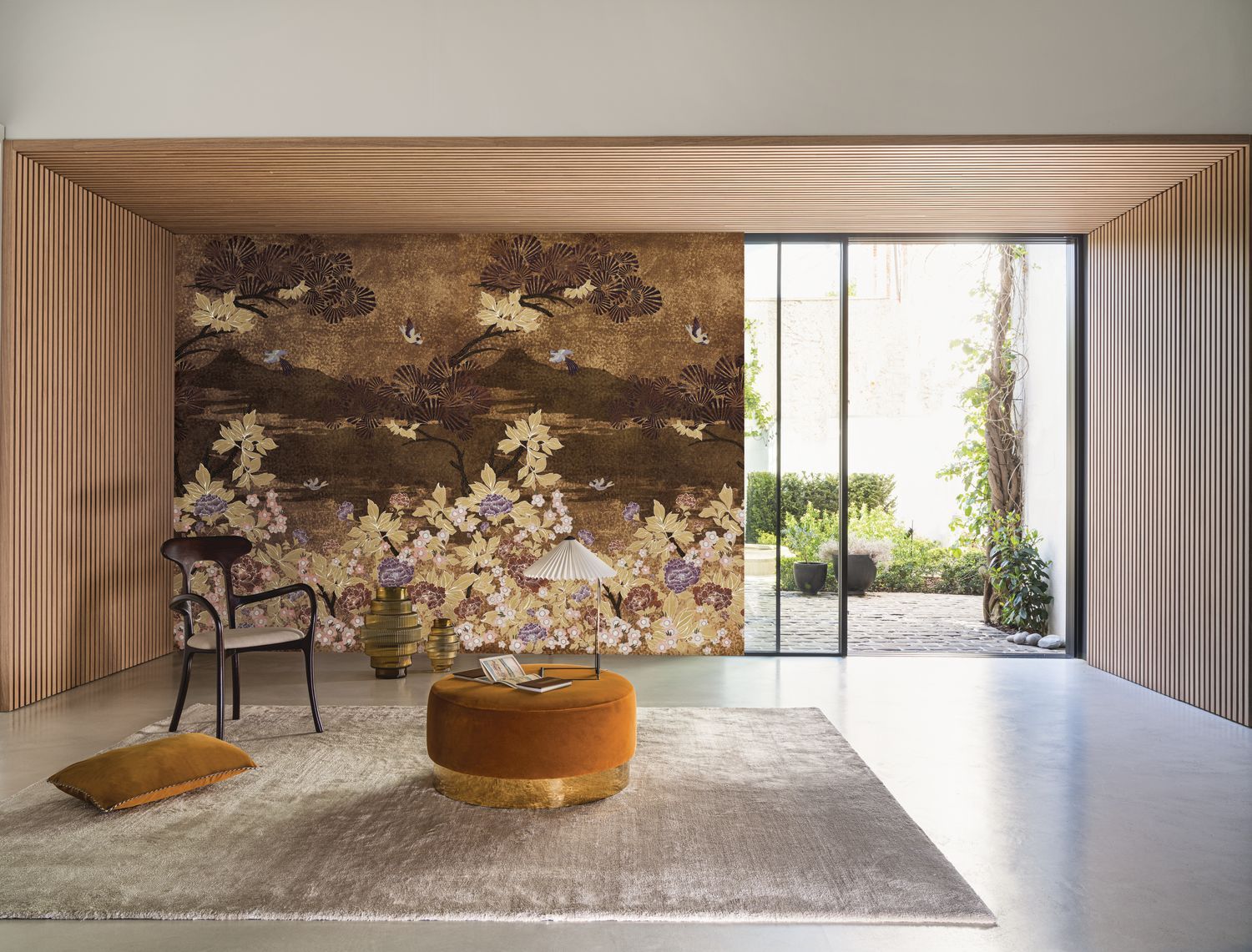 Nástenná maľba s rastlinným motívom listov KANSAI - MEĎ/DORÉ hnedá so zlatou