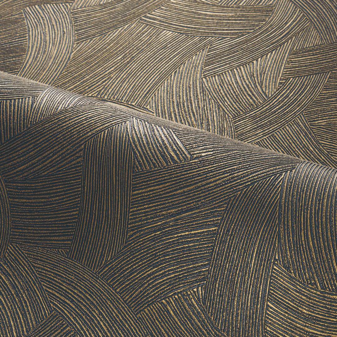 Metallic Structural Wallpaper with Abstract Pattern BERENICE - MARINE/DORÉ Dark Brown with Gold