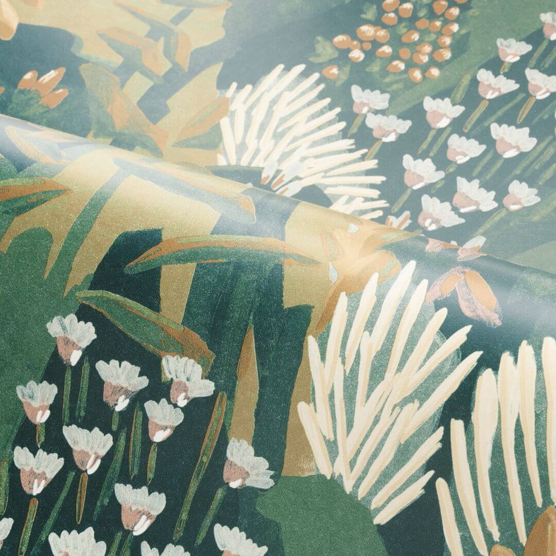 Tapeta s rastlinným motívom listov a kvetov ERICA - JASPE/MORDORÉ zelená