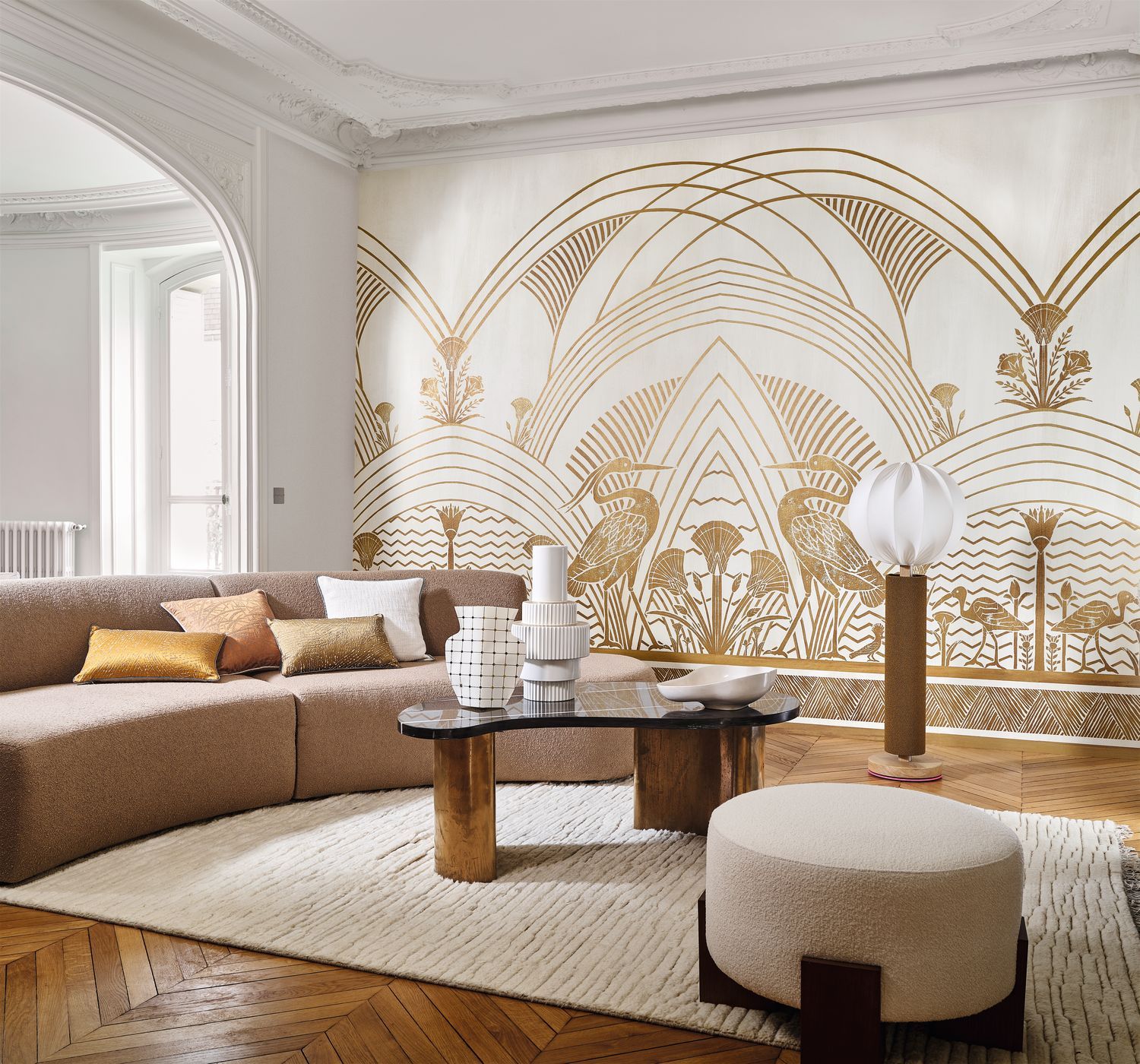 Art Deco Mural ELEPHANTINE Beige with Gold