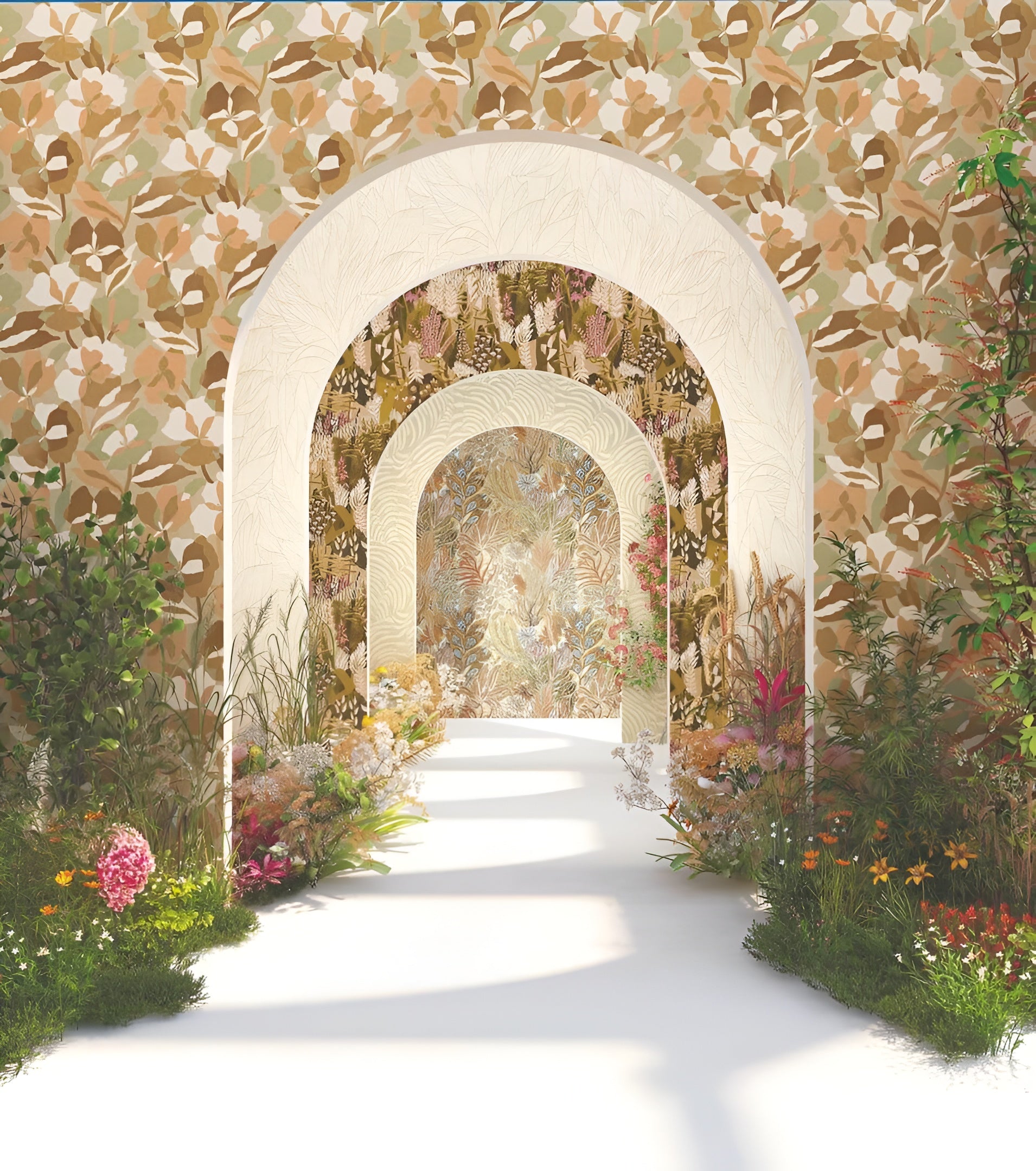 Plant-themed wallpaper with leaves and flowers ERICA - VERT MOUSSE/BLUSH peach