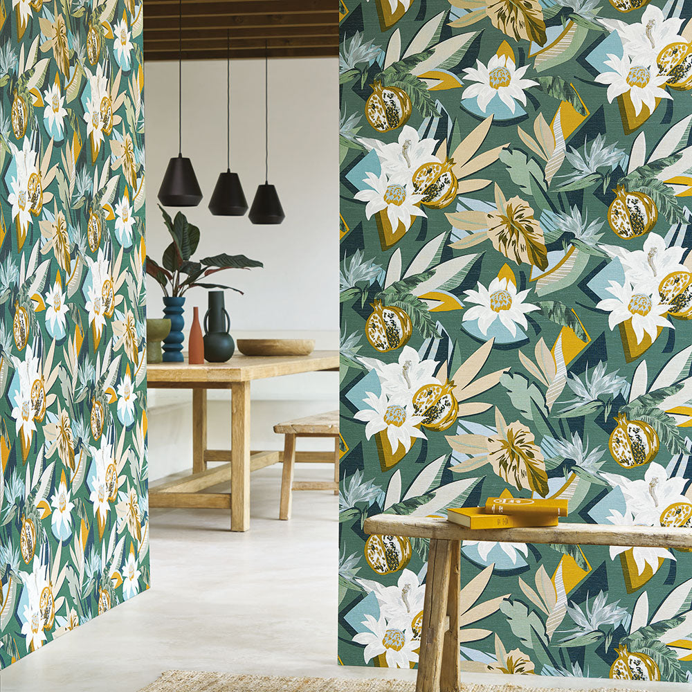 Tapeta štrukturálna s rastlinným motívom SALVADOR - MARINE/TERRE DE SIENNE granátová s terakotou