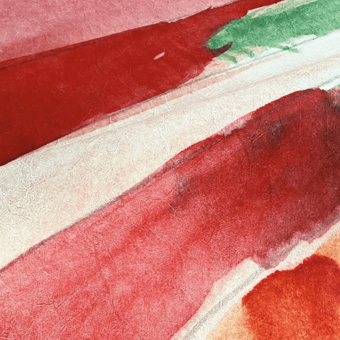 Abstraktný textilný mural s rastlinným motívom JARDIN DANSÉ - BLUSH MULTICOLORE ružový so zelenou a červenou