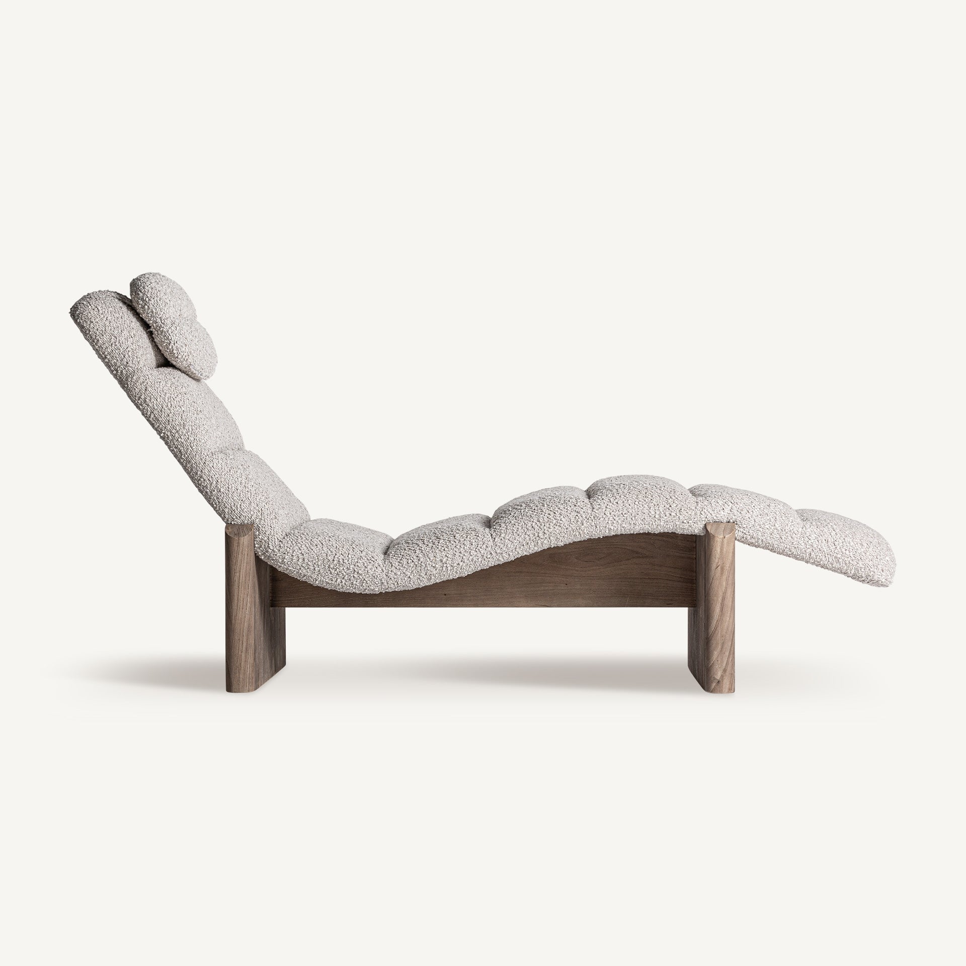 Beige JACQUARD Chaise Longue with Wooden Base