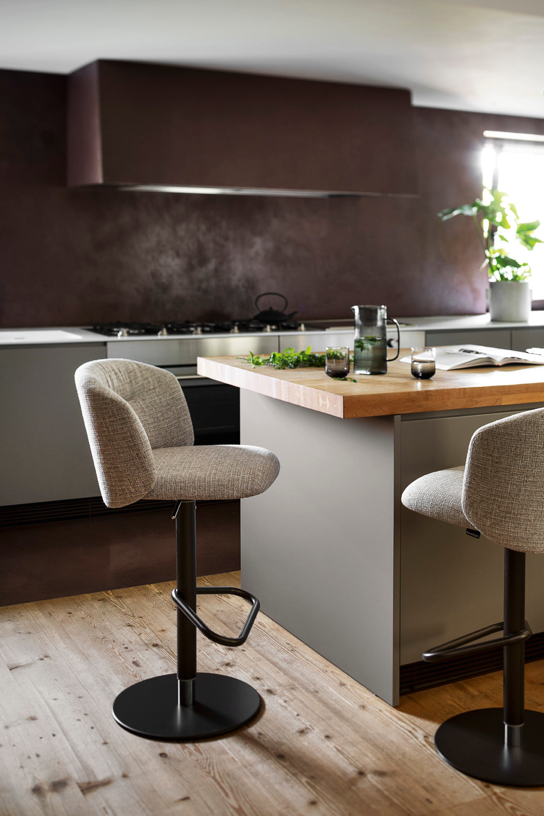 Swivel Bar Stool SWEEL upholstered with a brown metal base