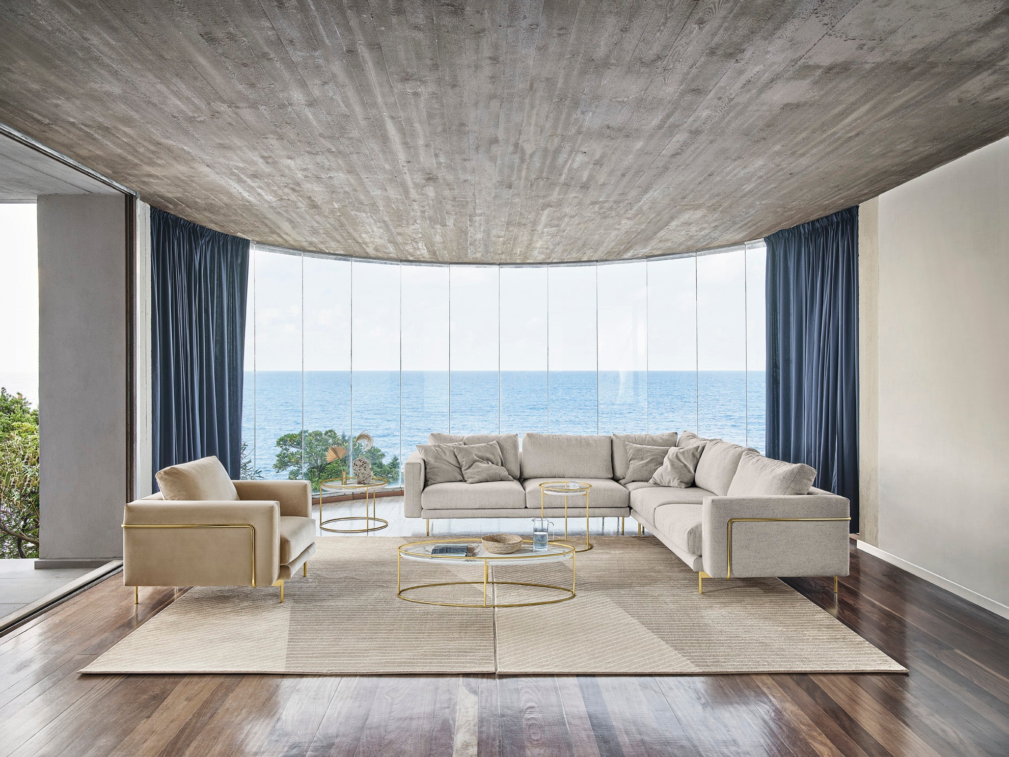 Upholstered ROD Armchair with Gold Base