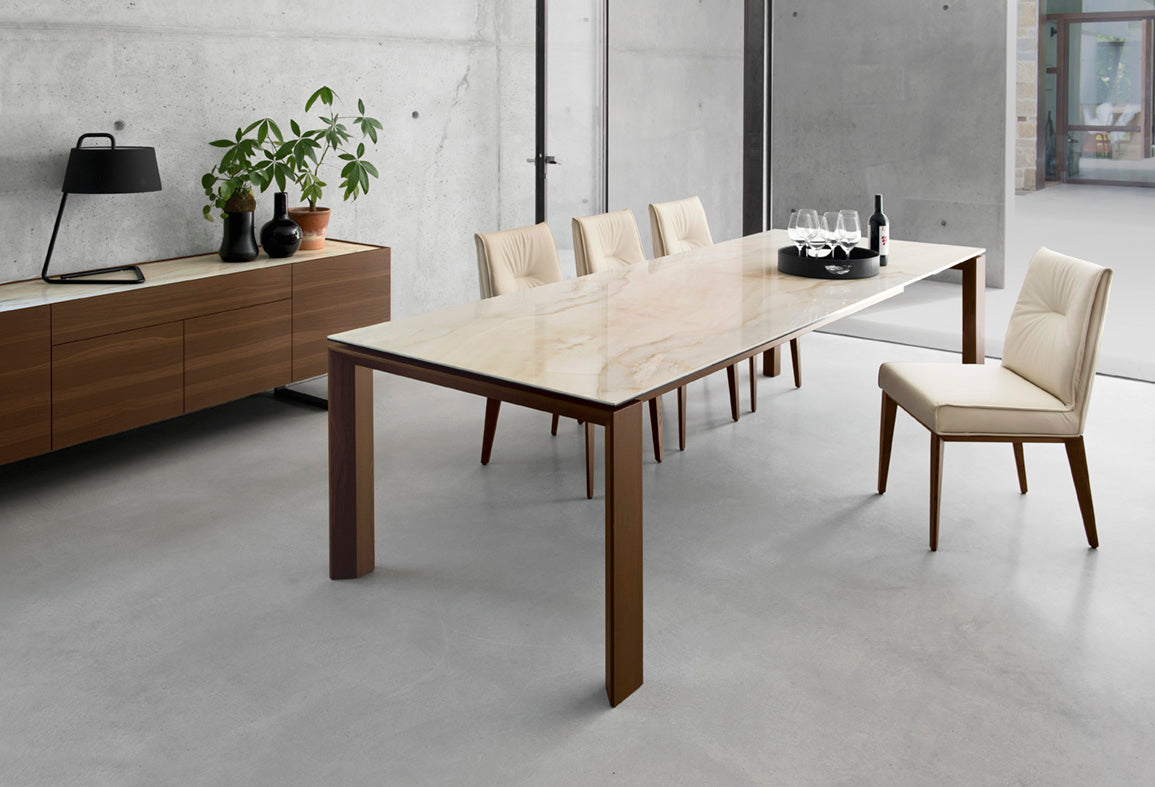 Extendable table OMNIA beige top with walnut base