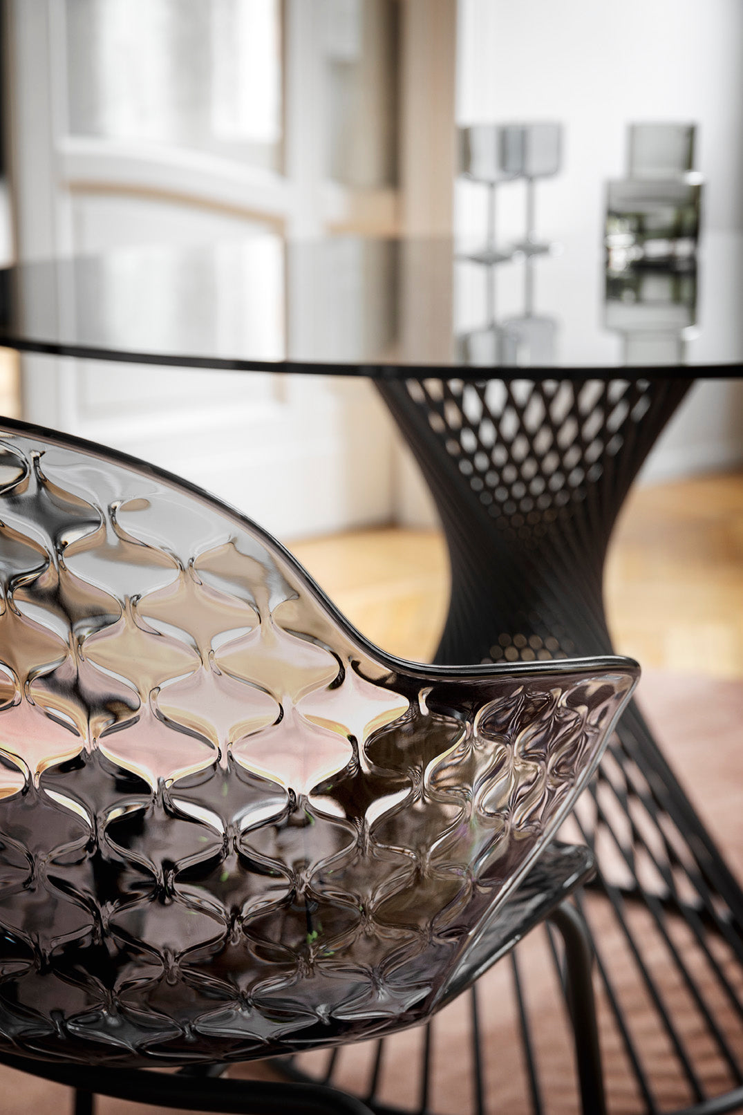 VORTEX Round Table with Smoky Glass Top and Black Base