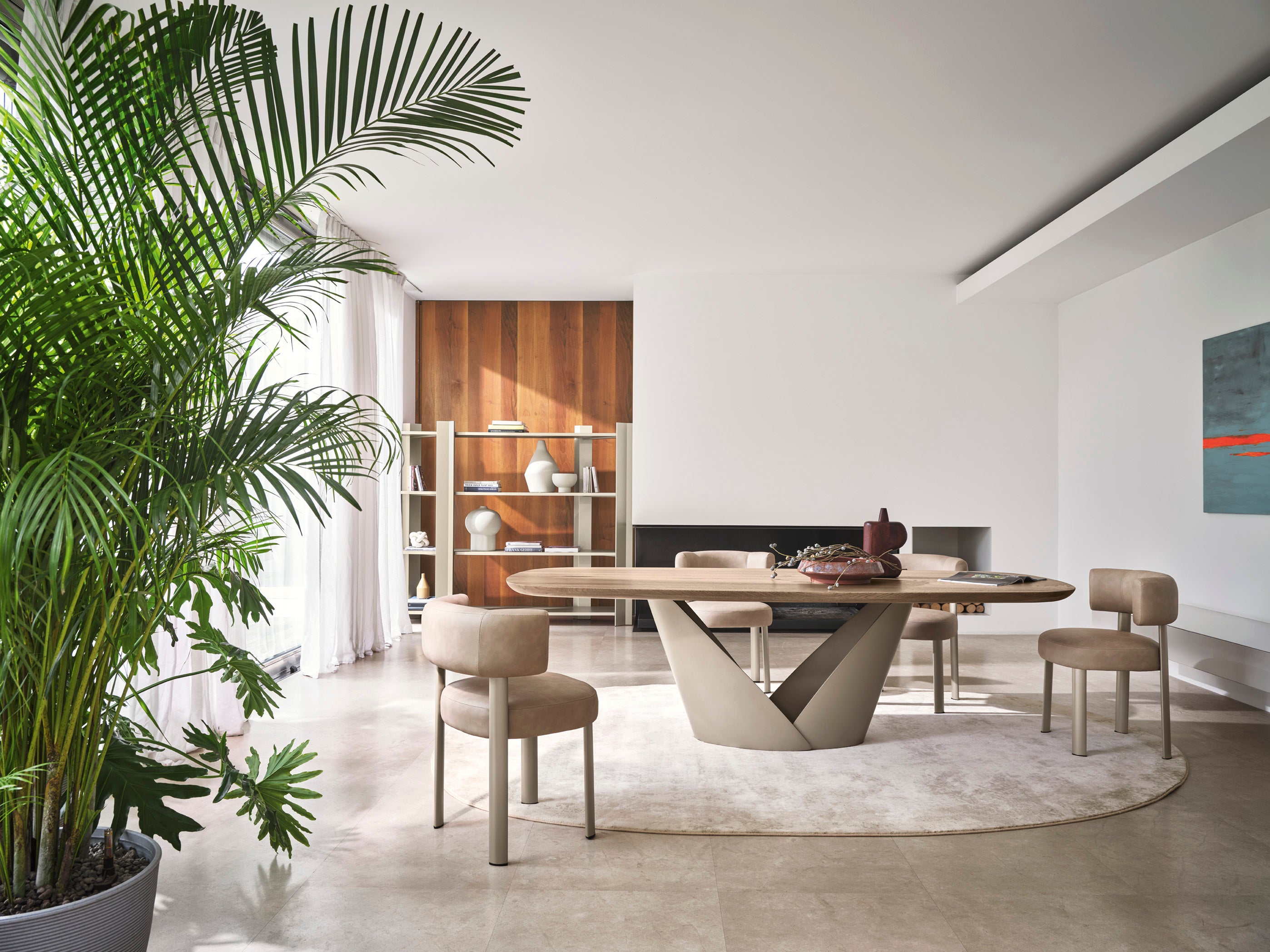 Upholstered GLEN chair with a brown base