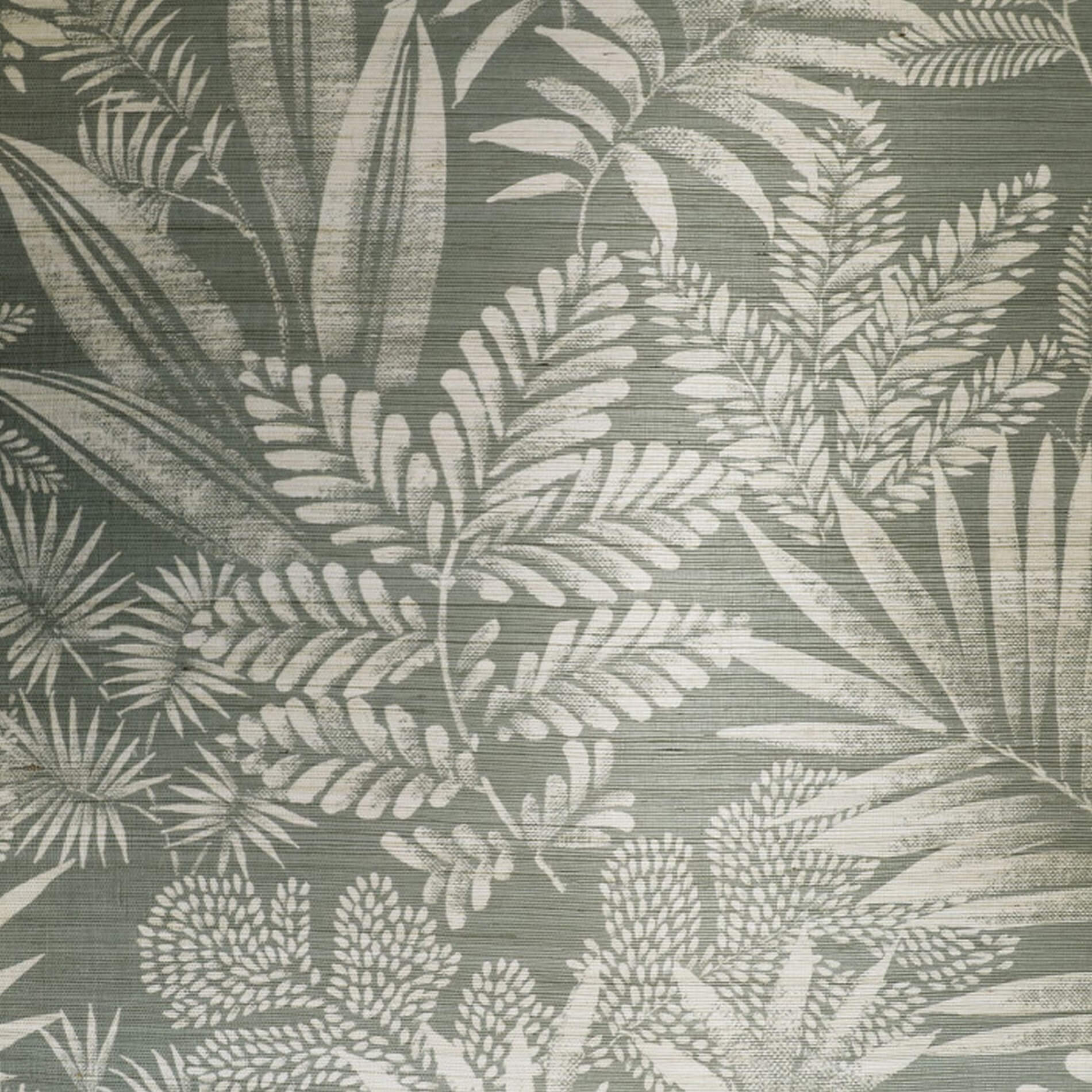 Tapeta štruktúrna z sisalu s rastlinným motívom listov MANDRARE - BLEU GRISE šedá s bielou