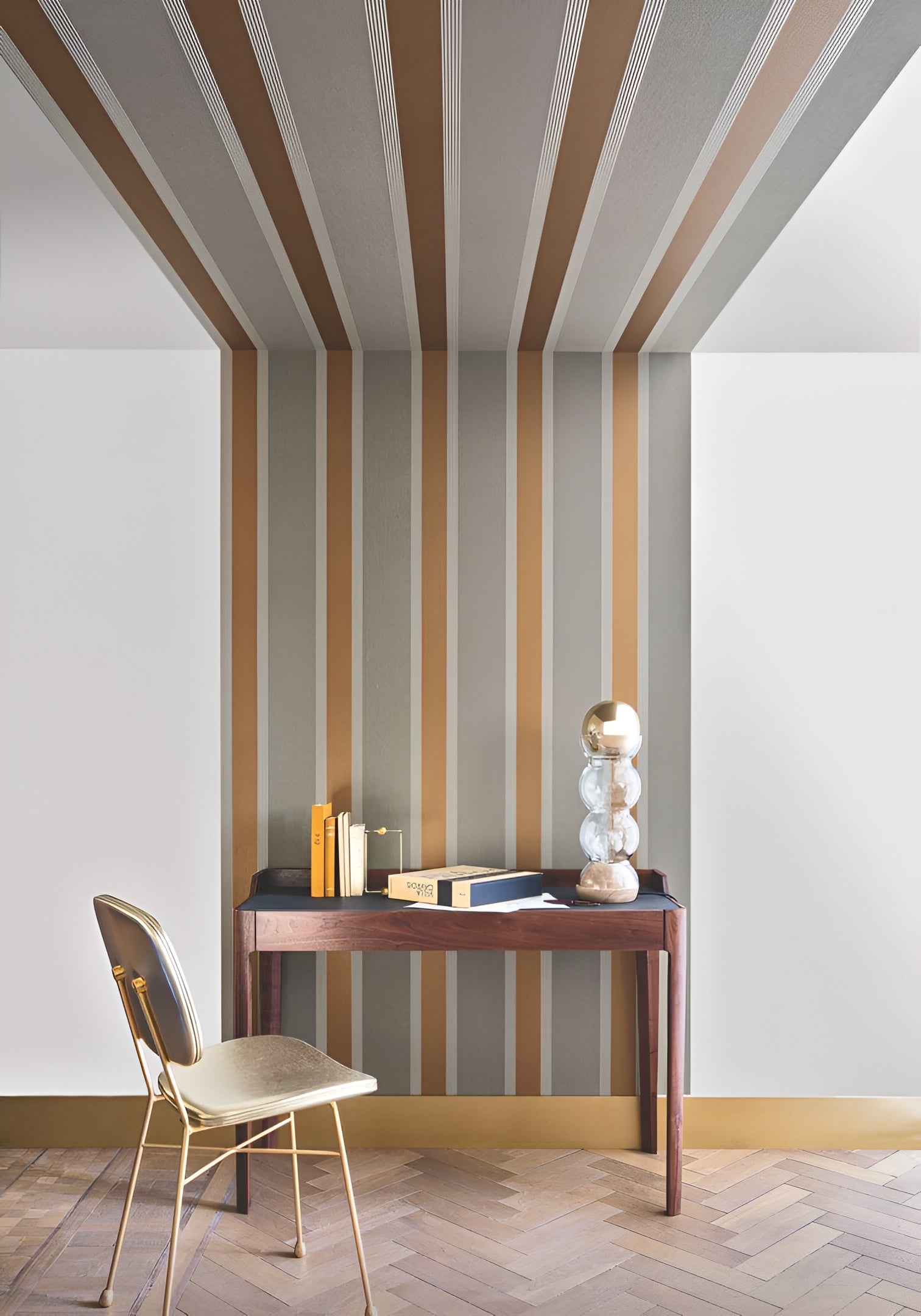 Wallpaper with geometric striped pattern AUTEUIL - DARK GREEN with YELLOW