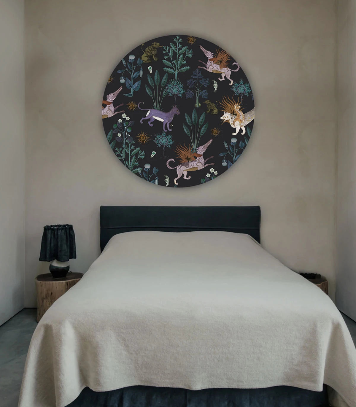 Nástenná maľba v tvare kruhu DOTS - BOTANIC BEAST PURPLE čierna s fialovou