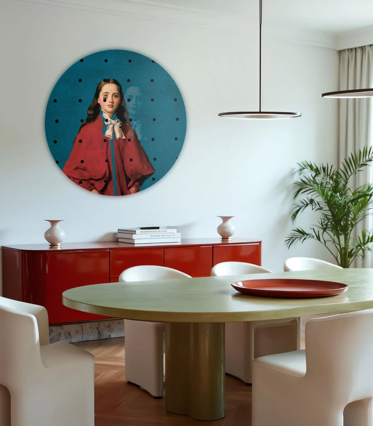 Circular Mural DOTS - GIRL IN RED blue with red