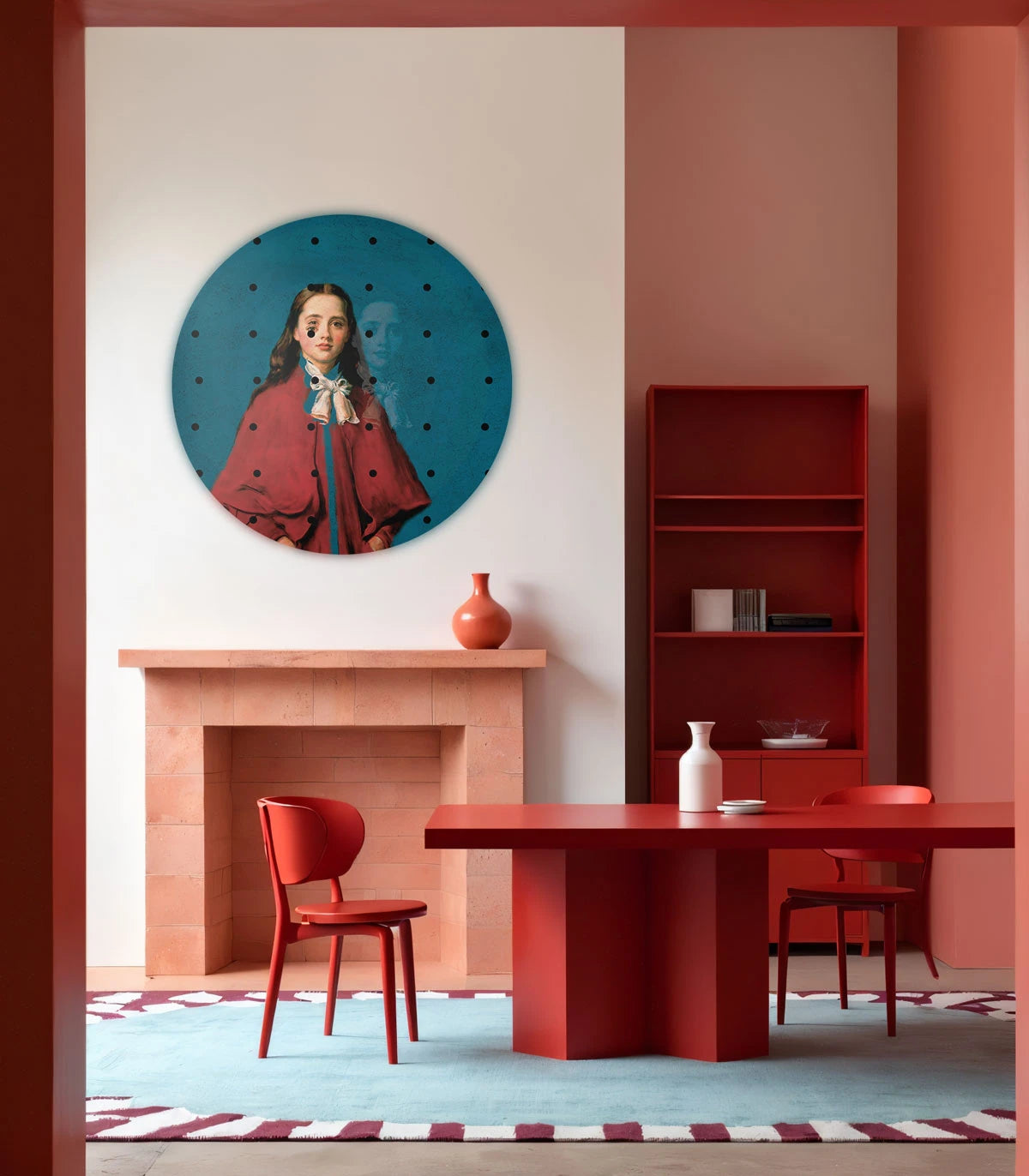 Circular Mural DOTS - GIRL IN RED blue with red
