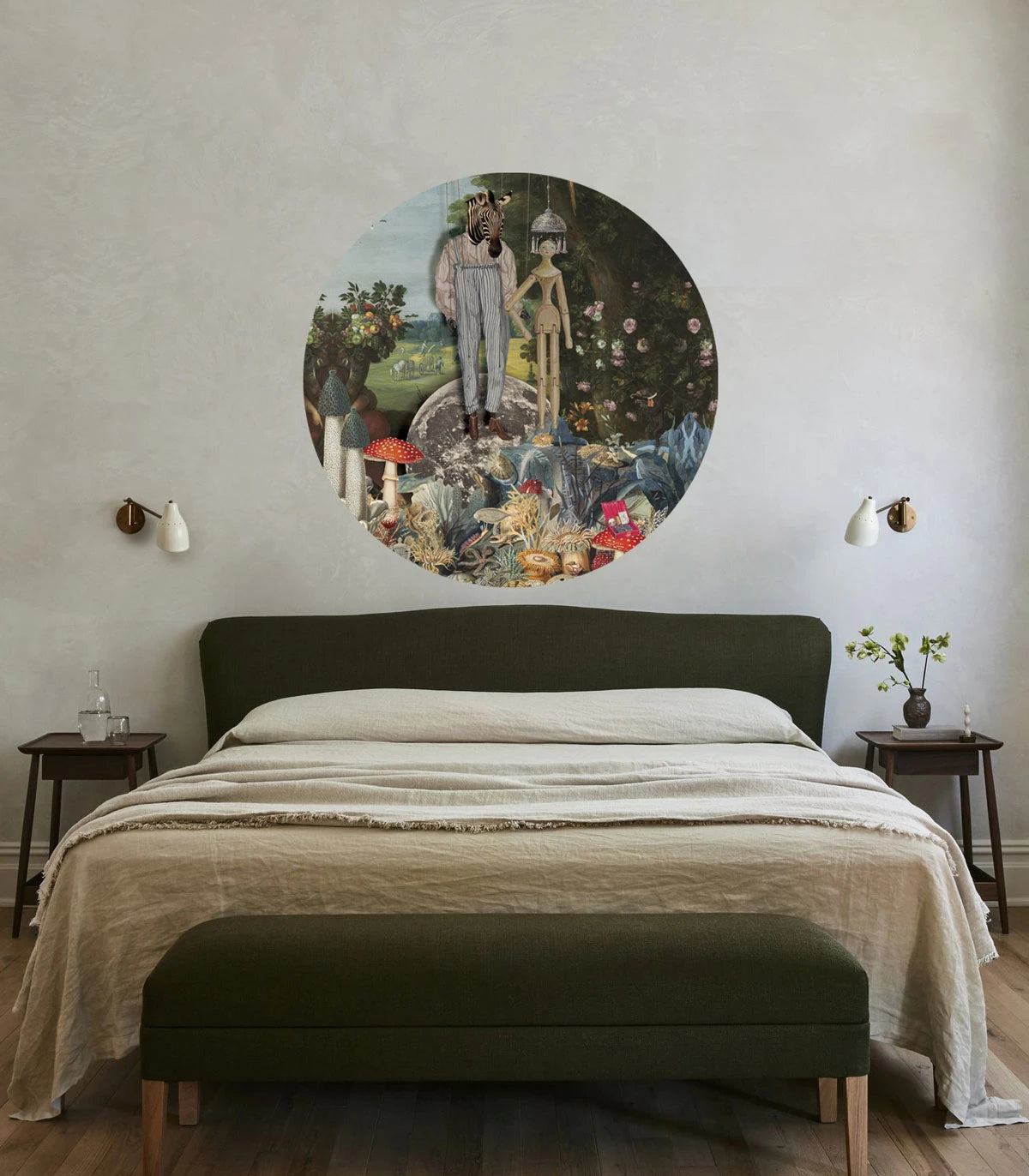 Nástenná maľba v tvare kruhu DOTS - PUPPETS tmavozelená s modrou