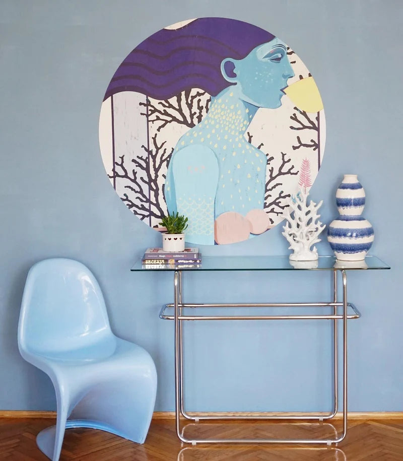Nástenná maľba v tvare kruhu DOTS - SIREN COOL GIRL modrá